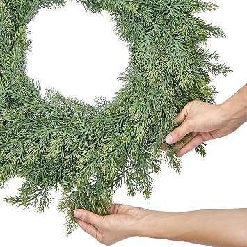Real Touch Cedar Wreath - 22 Inch Outdoor Traditional Artificial Greenery Wreath for Front Door Windows Indoor Weatherproof Holiday Decor
