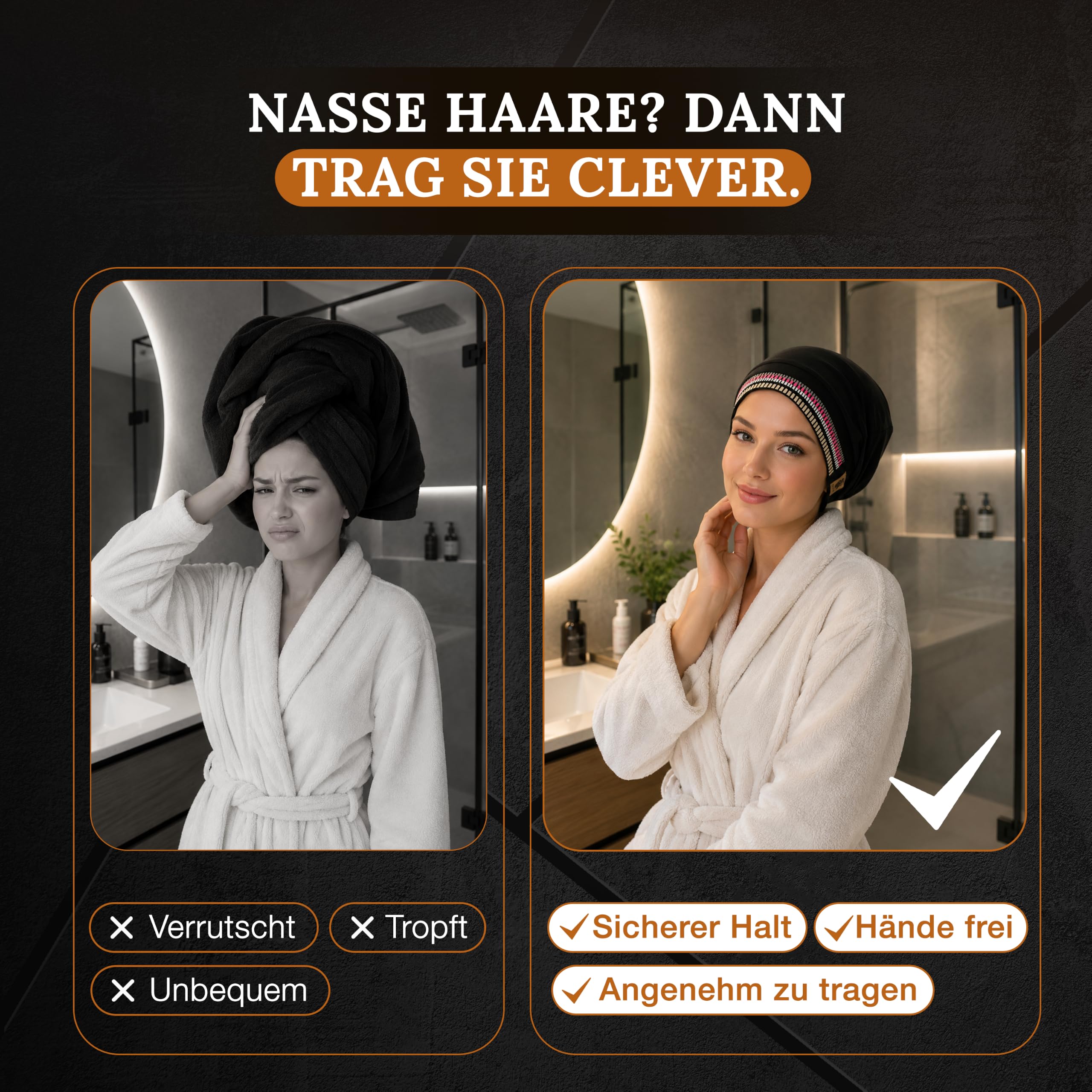 Handtuchmütze – Handtuch & Mütze in einem – Turban für nasse Haare – schnelltrocknend, saugstark – Damen – Wellness, Sauna, Fitness, Strand – One Size schwarz