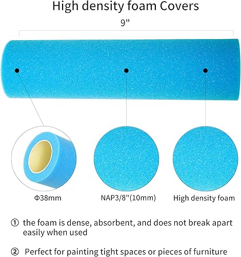 Miniatura 2 de Voomey Rodillos de pintura de espuma de 9 pulgadas, paquete de 3 rodillos de pintura de esponja de alta densidad para acabado suave de paredes y