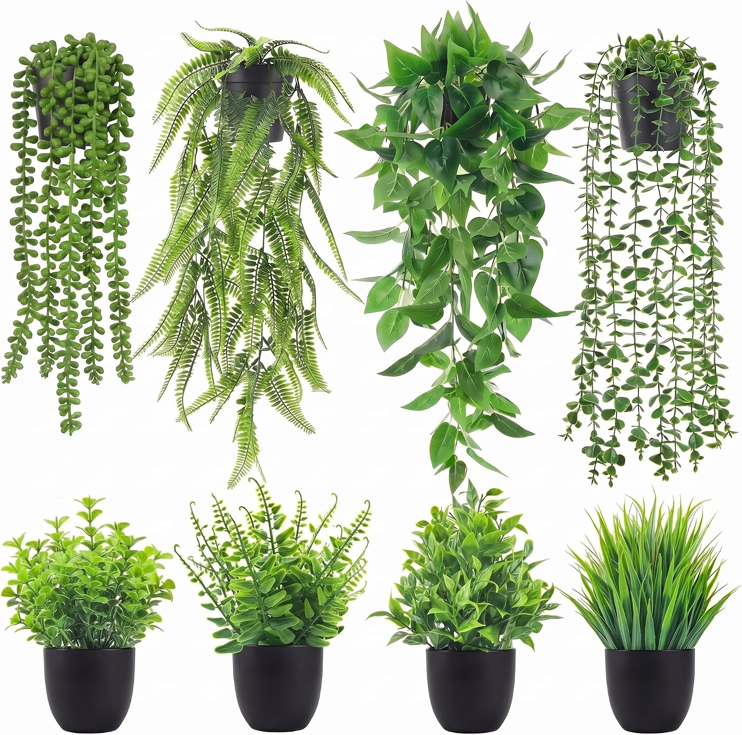 8 Pack Fake Plants - Artificial Hanging Plants & Small Potted Faux Eucalyptus Fern Ivy, UV Resistant Maintenance-Free, for Shelf Wall Desk Home Office Bathroom Indoor Outdoor Decor