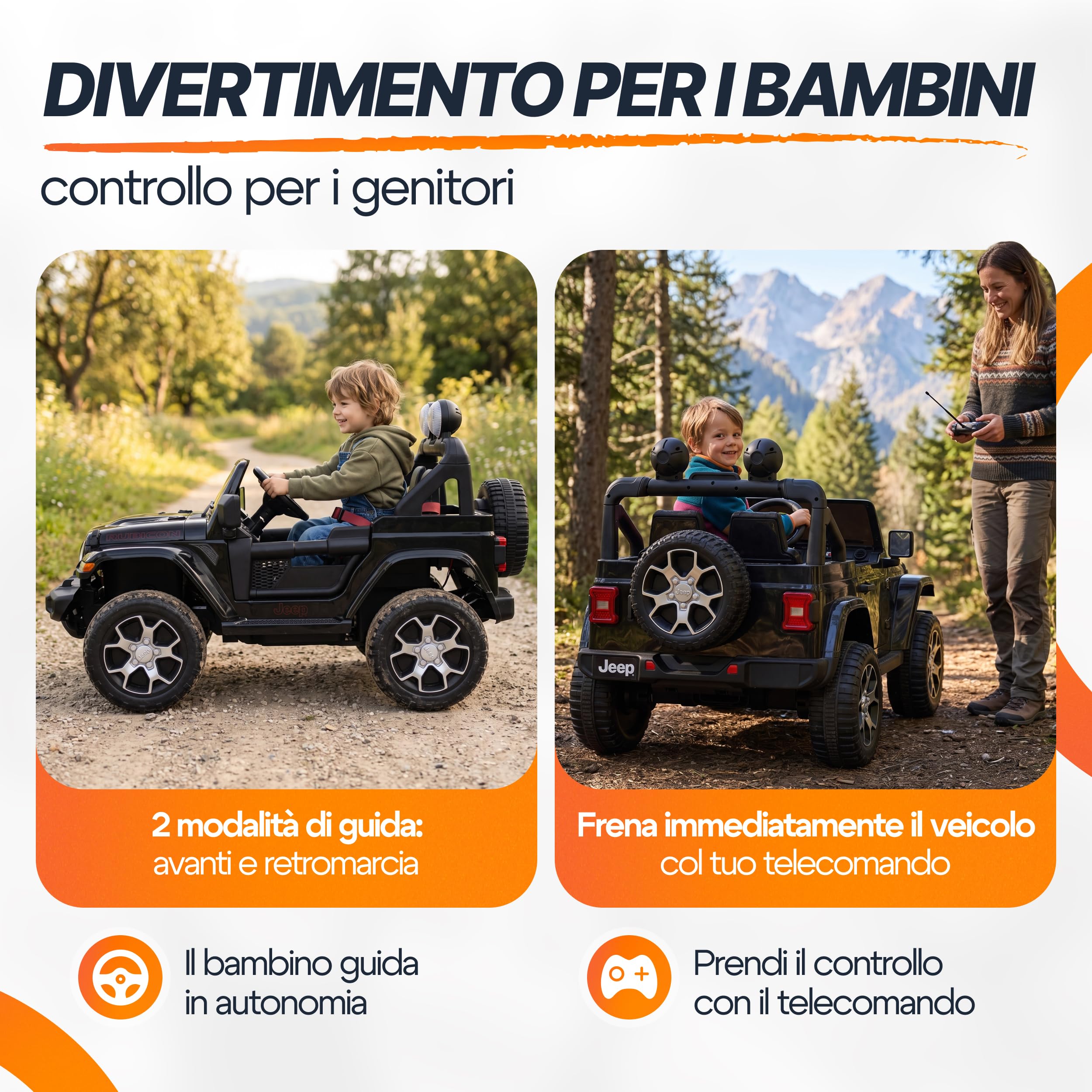 BabyCar Jeep Elettrica Per Bambini | Auto con Sedili in Pelle, Porte Apribili, MP3/USB/Micro SD | Macchina Elettrica per Bambini 12V con 2 Motori 35W | Licenza Ufficiale Jeep | Nero