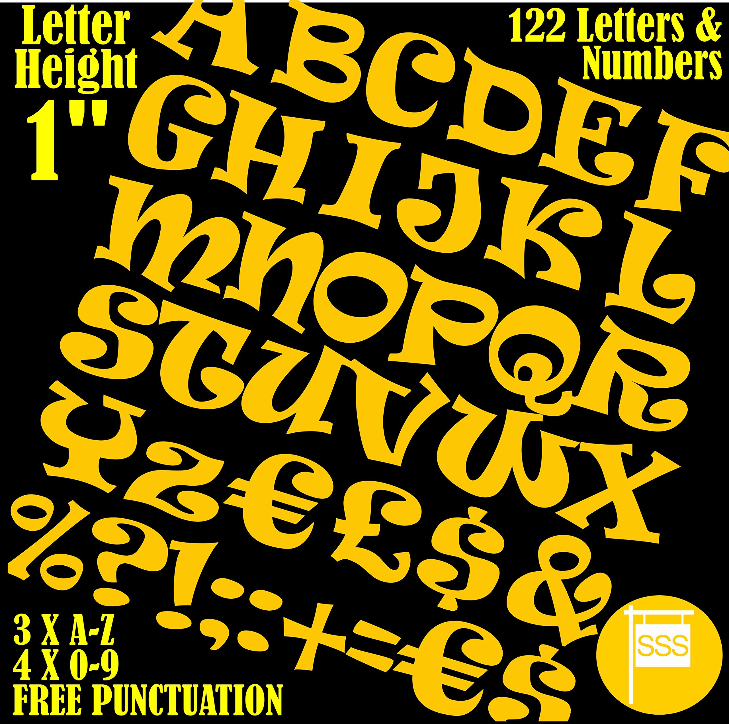 122 LETTERS & NUMBERS =1 INCH= YELLOW =PLUS FREE PUNCTUATION Self Adhesive Sticky Letters And Numbers Waterproof Long Life Vinyl