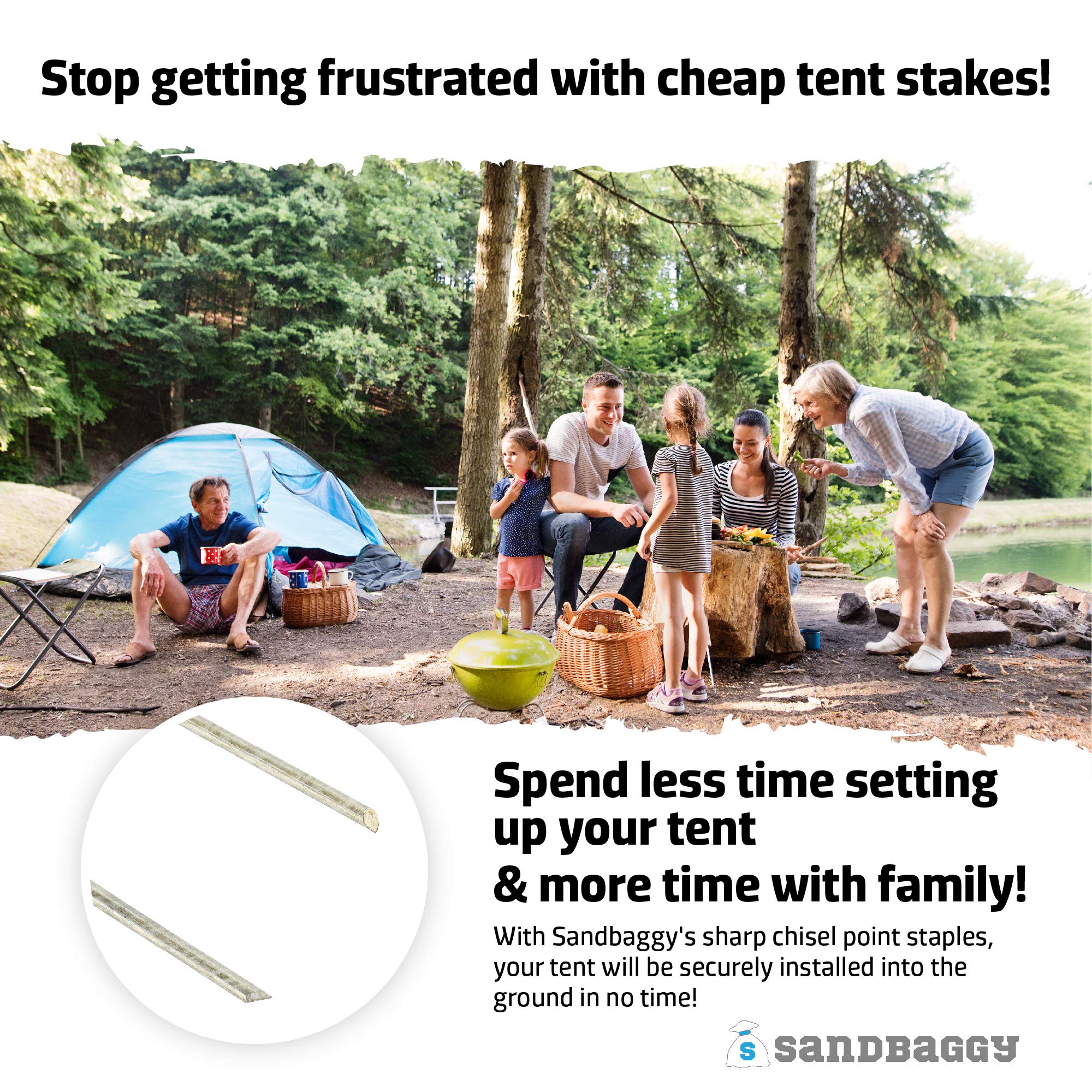 Sandbaggy 12-Inch Tent Stakes - Sharp Pegs for Pushing Through Hard Soil ~ Great for Camping, Canopies and Tarps (10 Stakes)