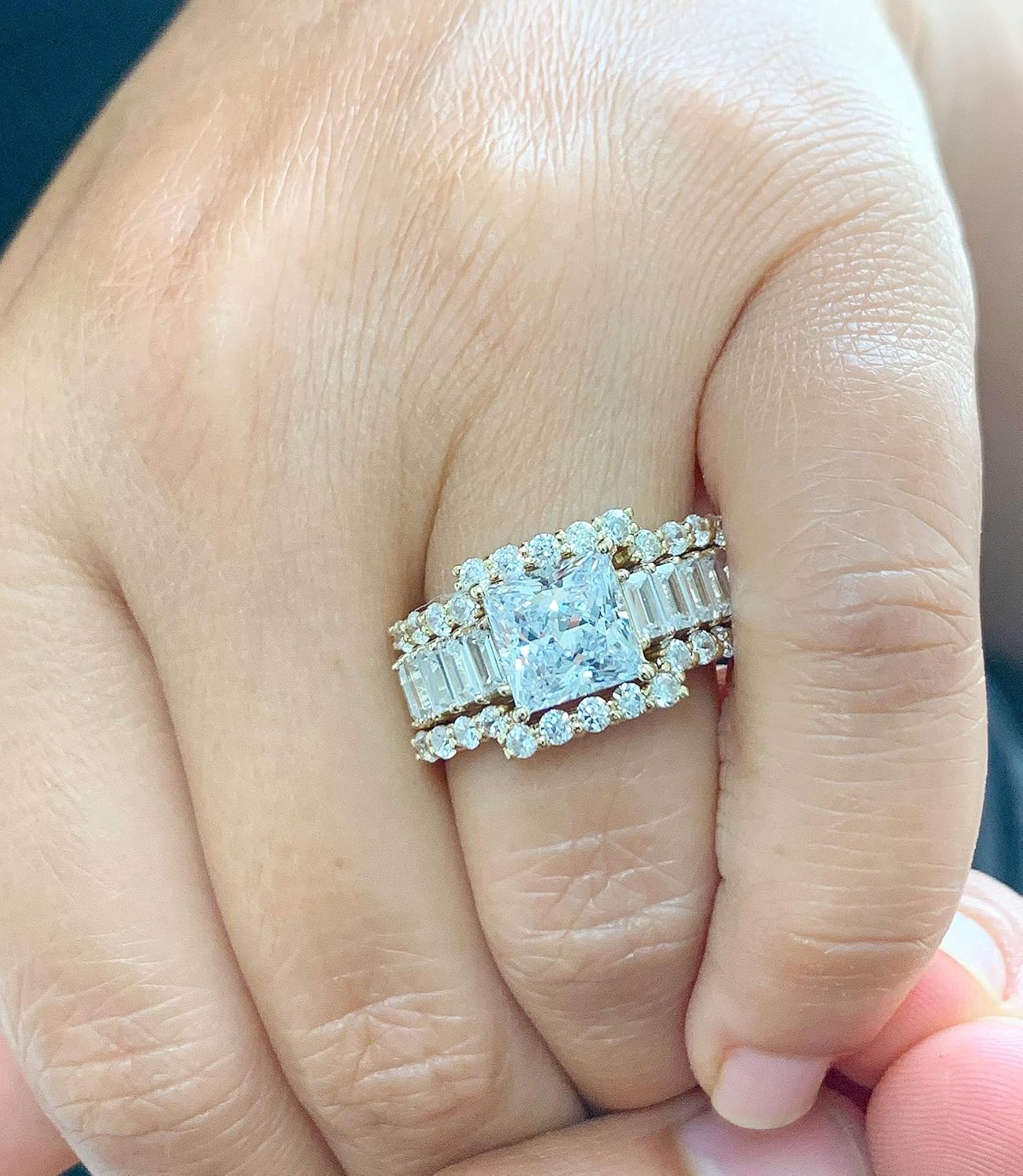 Heavy Huge 14k solid yellow gold princess, emerald baguettes and round cut moissanite engagement ring and two bands halo 4.80ctw