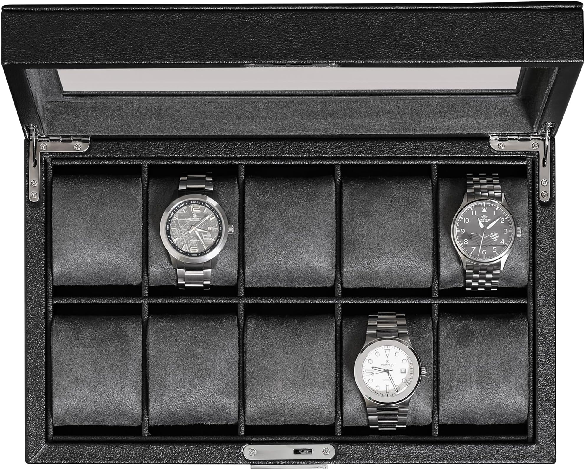 ROTHWELL 10 Slot Leather Watch Box - Luxury Case Display Jewelry Organizer - Locking Watch Display Case Holder with Large Glass Top - Box Organizer for Men and Women (Black/Grey)
