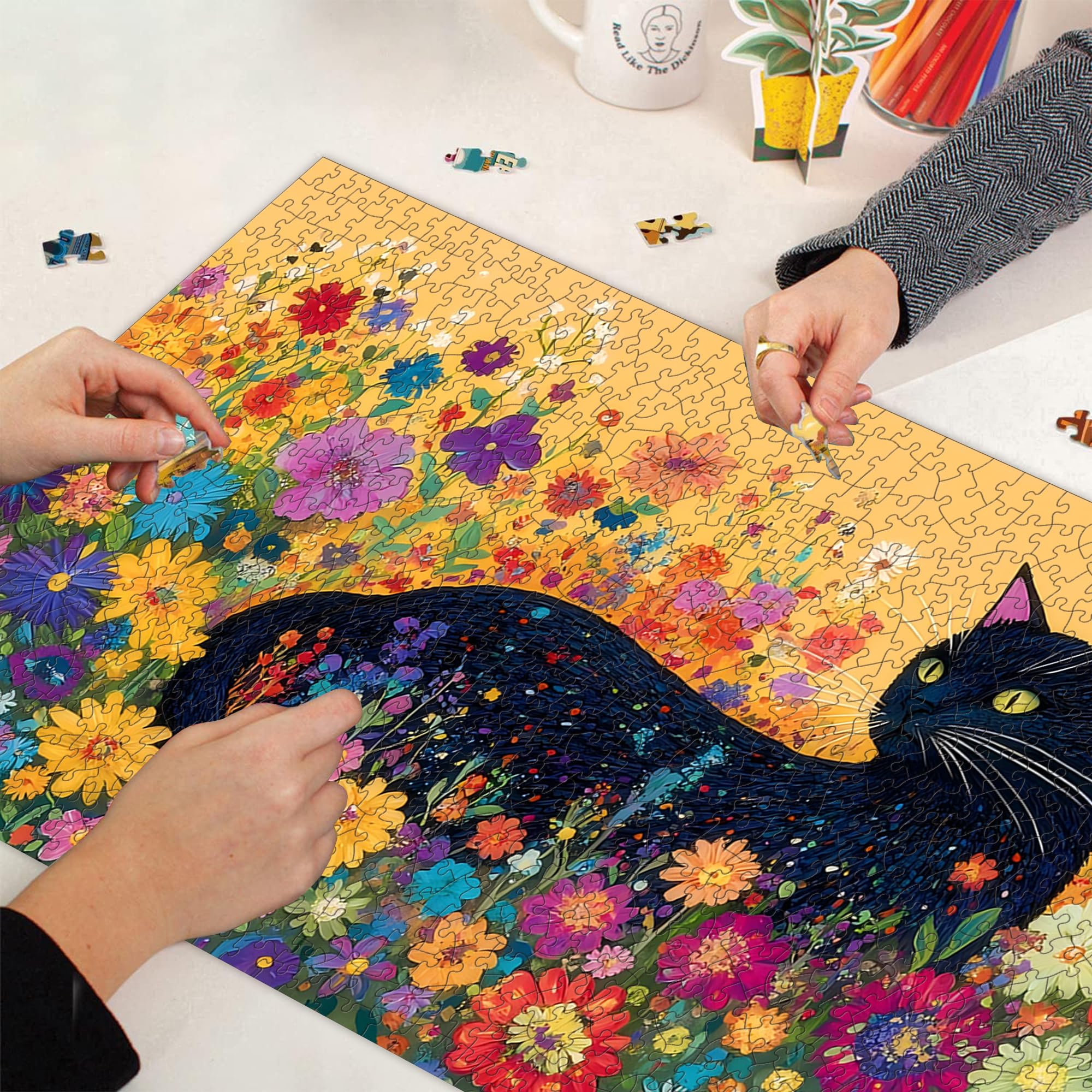 Bimkole Kwitnący Kot Puzzle Dla Dorosłych 1000 Elementów, Kwiat Puzzle Papierowe 1000 Elementów – Zabawna I Wymagająca Układanka Dekoracyjna Dla Całej Rodziny, 80 X 41 cm