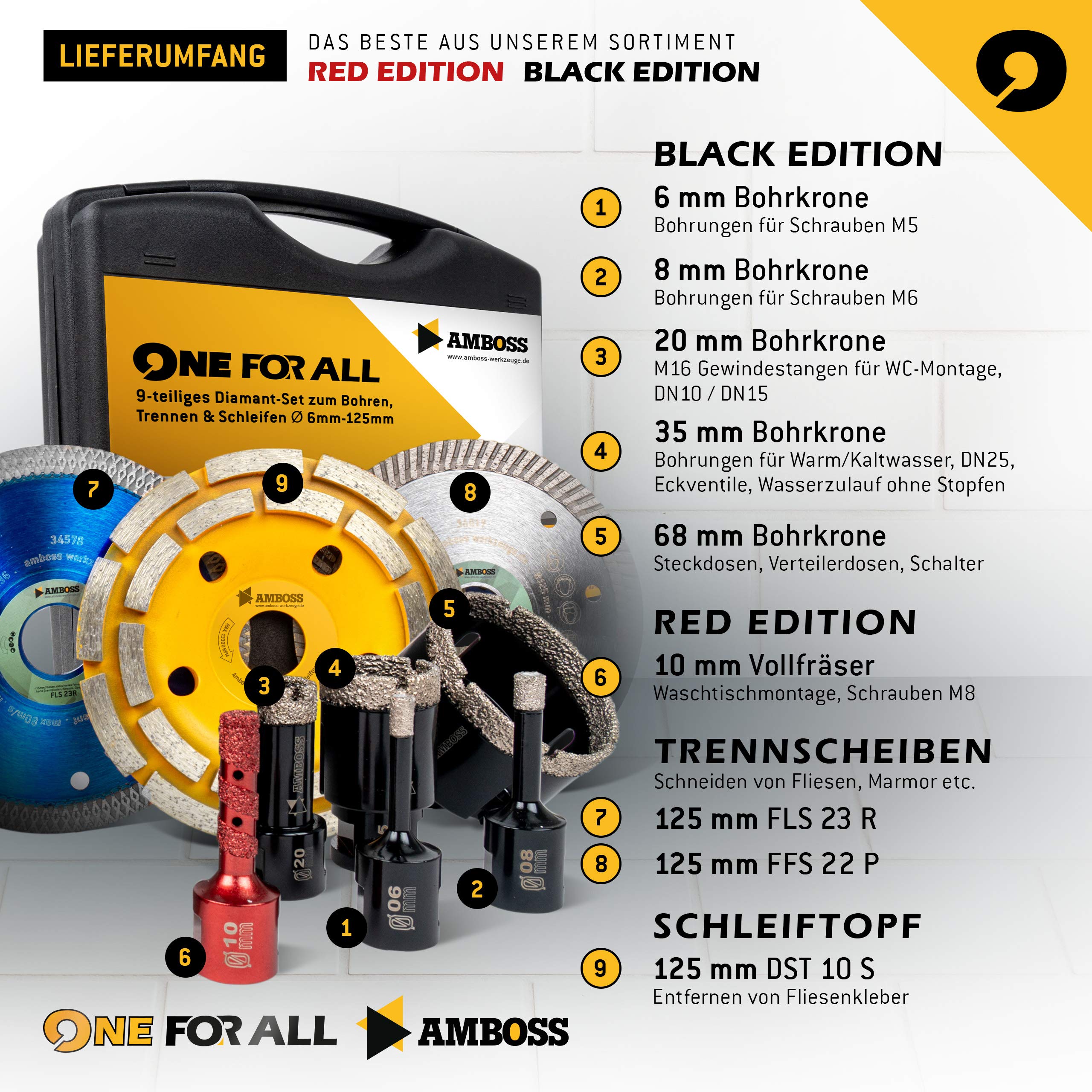 Amboss - Set Diamant-Lochsägen + Trennscheiben + Schleiftopf/One For All Set 9 / Ø 6-125 mm/perfekt für Sanierungen im Küchen- und Sanitärbereich/geeignet für Winkelschleifer