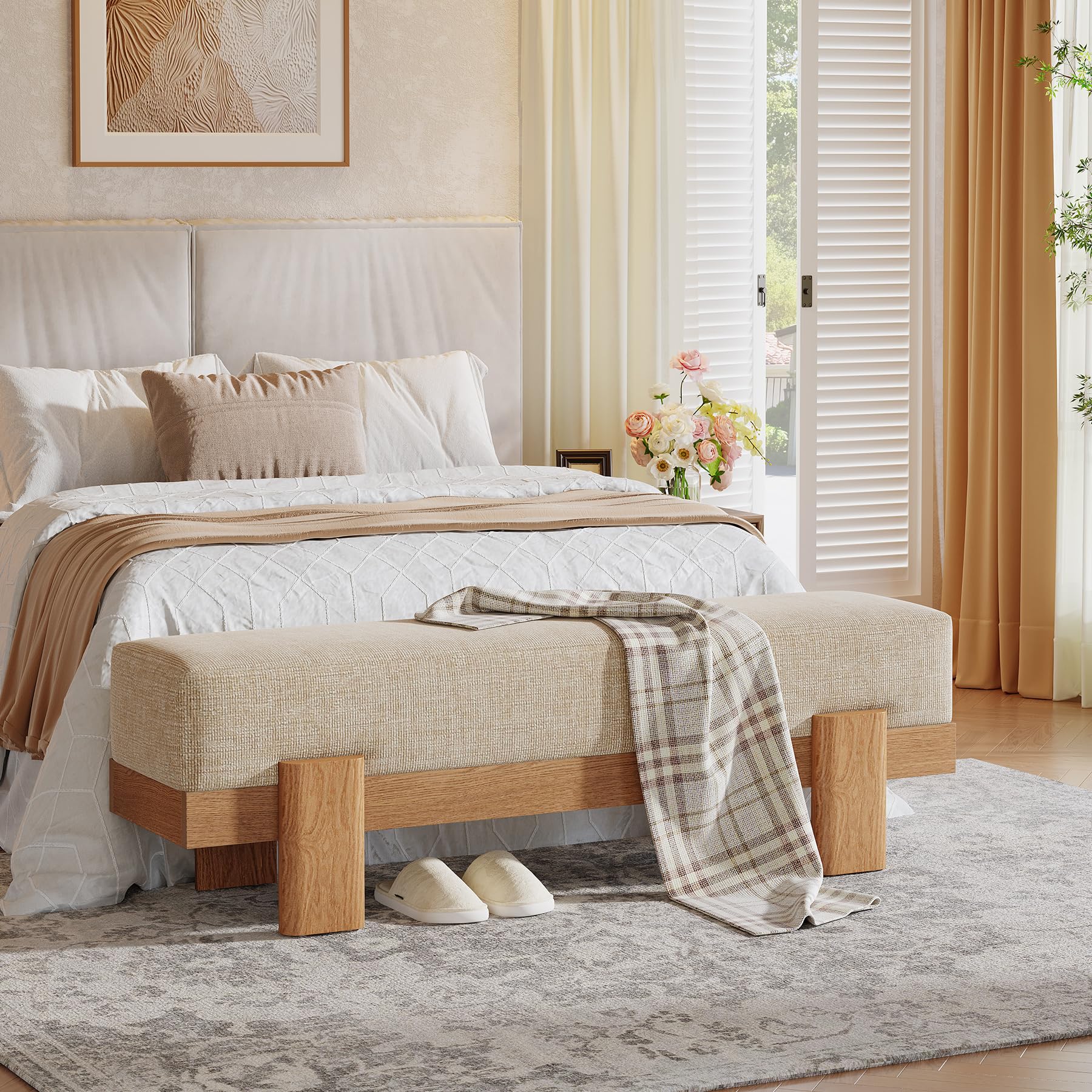 Tribesigns Banc Chaussures Entrée avec Tapissé, 140 x 35 x 45 cm, Moderne Banc à Chaussures avec Coussin épais Ultra-Moelleux et Structure en MDF, Bout de Lit pour Chambre à Coucher, Beige et Chêne