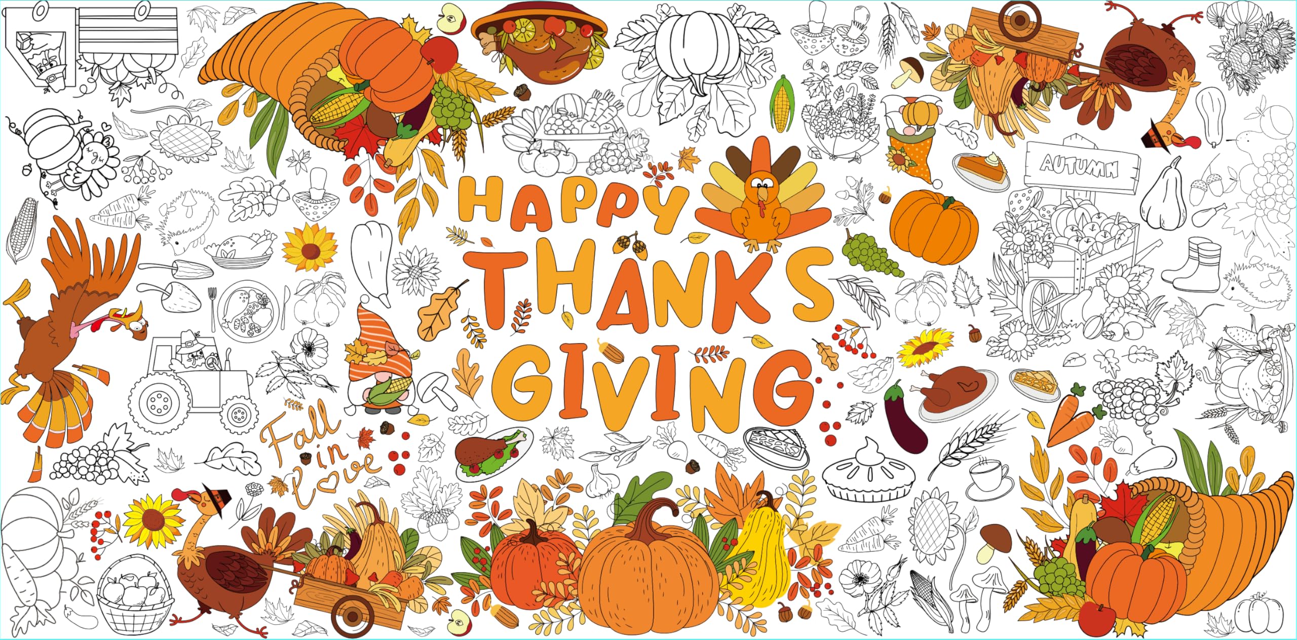 Fall Thanksgiving Coloring Tablecloth Poster - 30x72 Inches Giant Paper Banner for Kids - Fall Thanksgiving Crafts, Activities - Ideal for Fall Thanksgiving Party Decorations and Games โ image 1