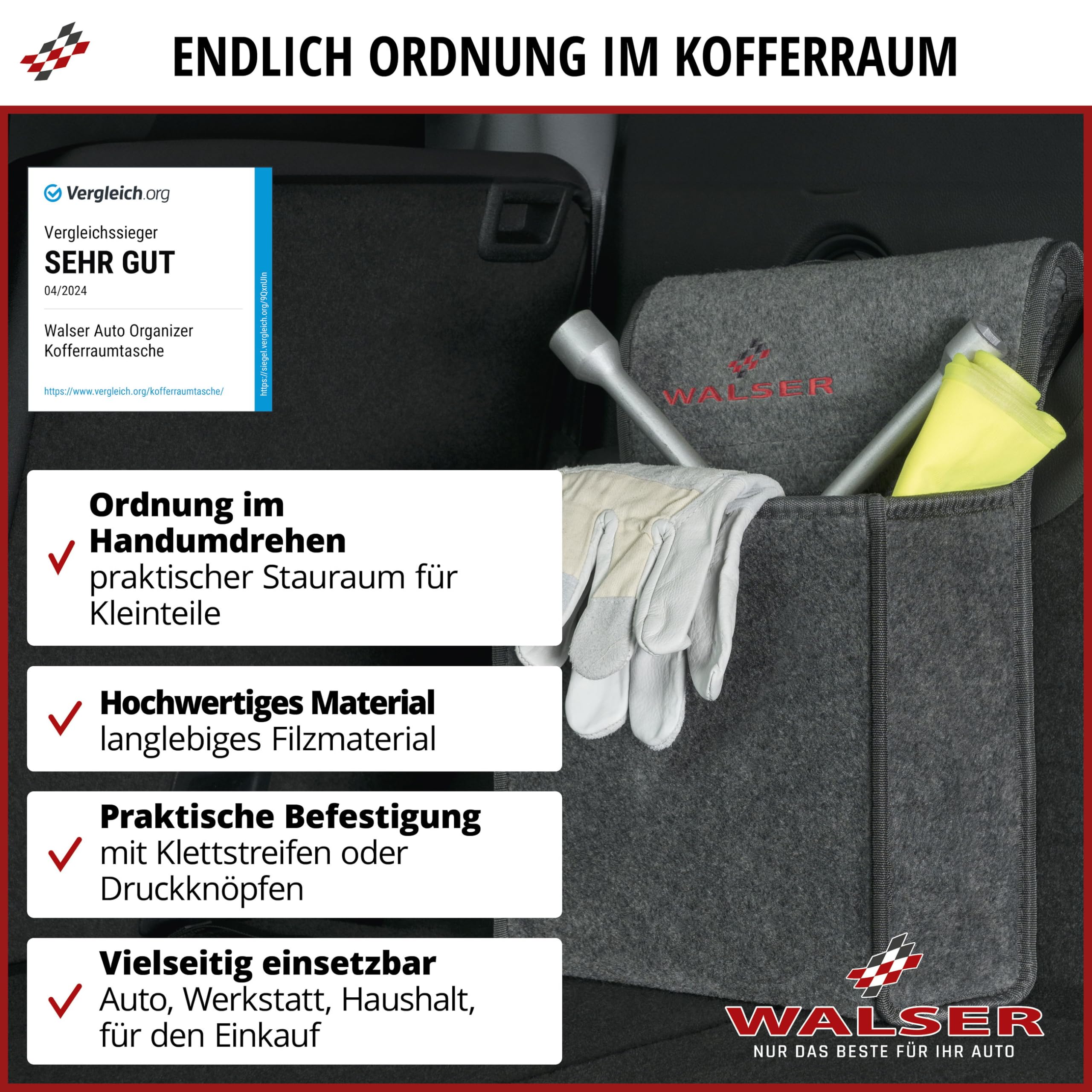 Walser Torba do bagażnika Toolbag rozmiar S, organizer do bagażnika z filcu igłowanego, torba samochodowa, torba do przechowywania samochodów osobowych, torba na narzędzia do bagażnika 29x28x13 cm szara