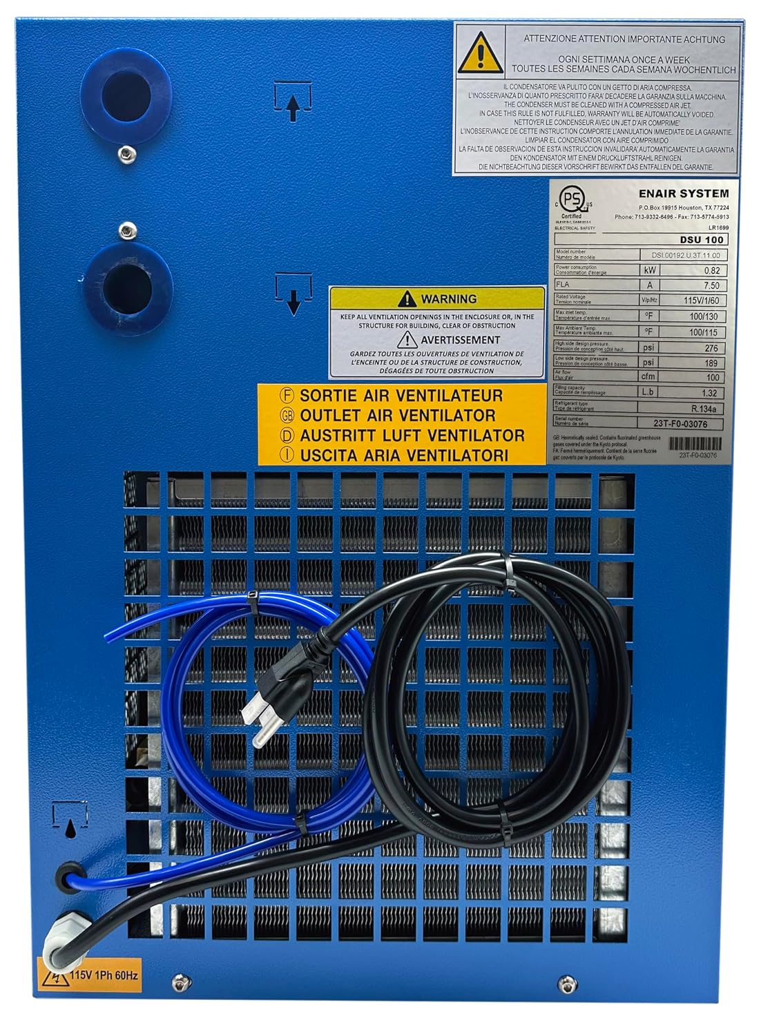 ENAIR Italy DSU100 Refrigerated Air Dryer, Electronic Controller, 115 Volts, 276 PSI Max Inlet Pressure, Single Phase, 100 CFM