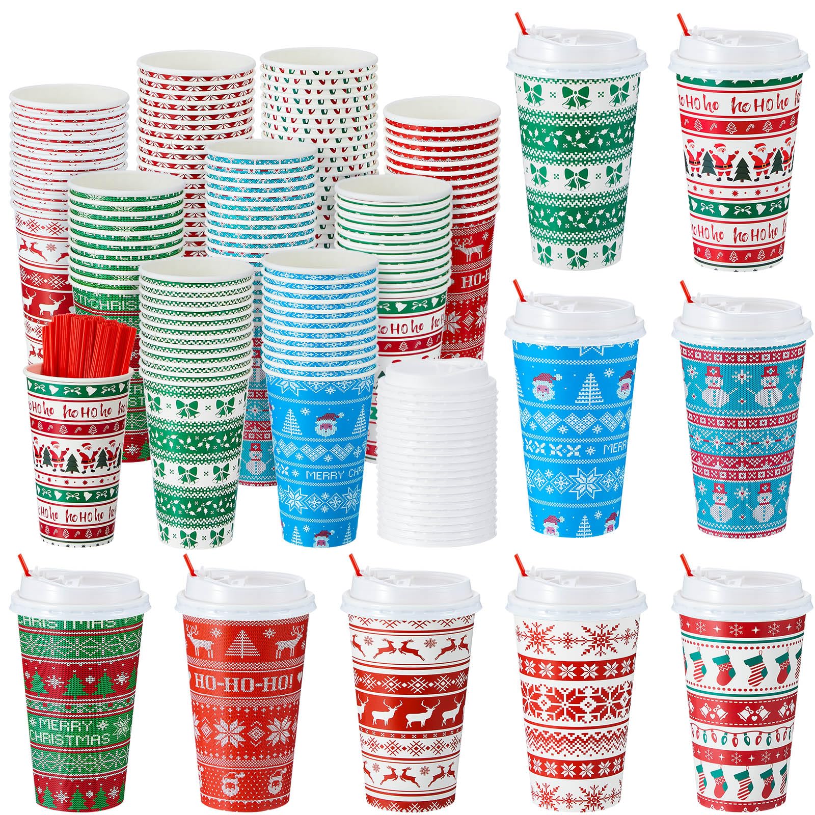 Tioncy 180 Set 16 oz Christmas Disposable Coffee Cups Bulk with Lids and Straws Ugly Sweater Xmas Party Hot Chocolate Cups with Classic Santa Claus Snowman Tree Stocking Design, 9 Styles