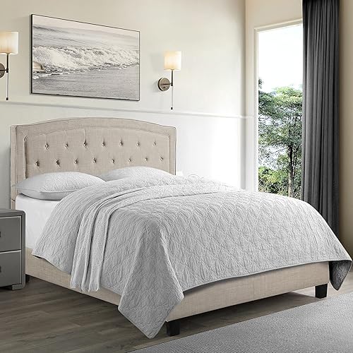 Rosevera Gabriel - Cama de plataforma con cabecero ajustable y relleno de botón tamaño King lino beige disponible en Yaxa Guatemala
