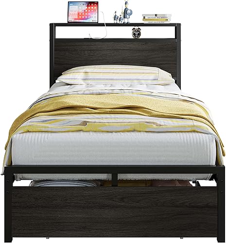 Miniatura 18 de LIKIMIO Base de cama individual con cajón, cabecera de almacenamiento con tomas, no necesita somier, fácil montaje, marrón oscuro Marrón oscuro,Gris