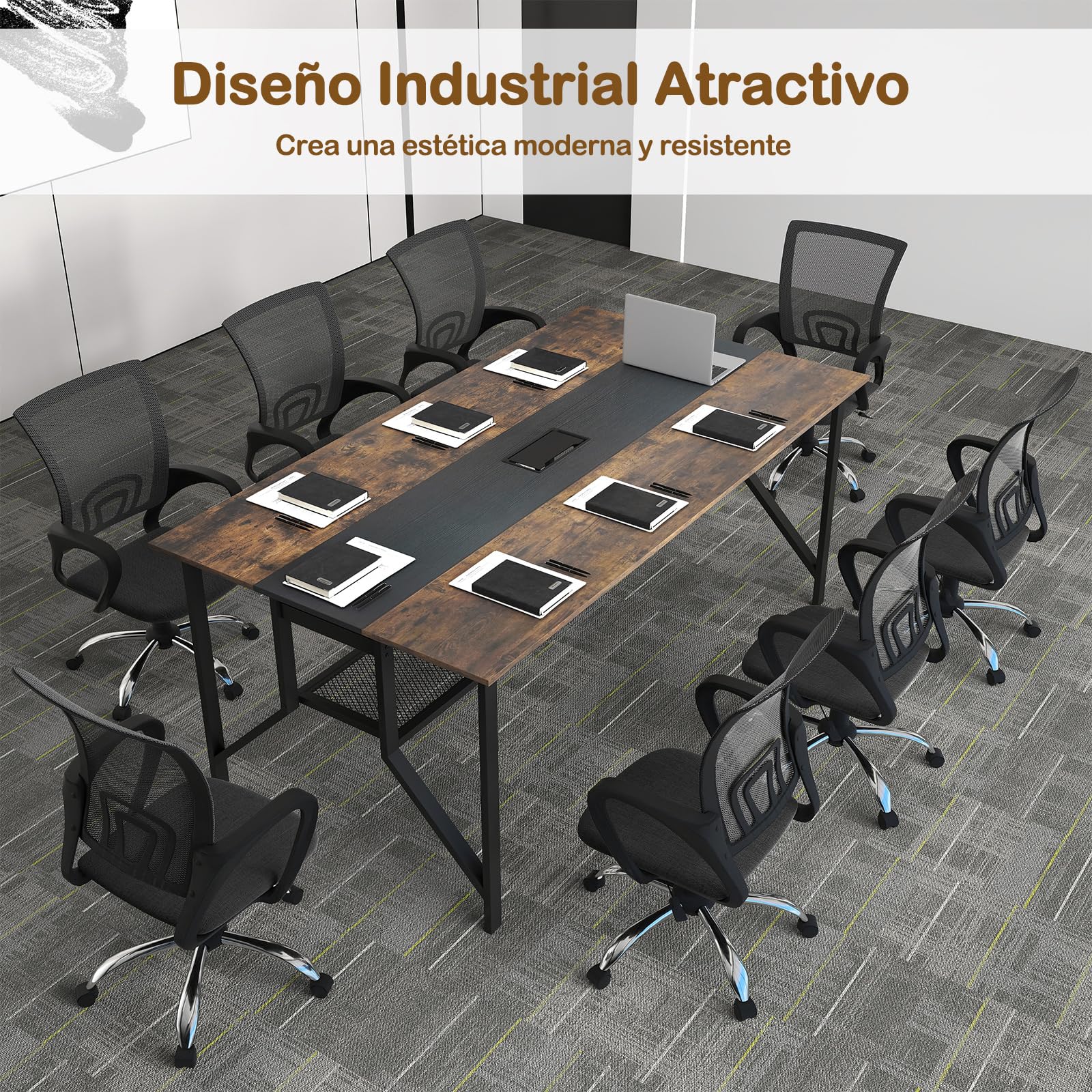 GYMAX Mesa de Conferencias, Mesa de Reuniones Industrial para 6-8 Personas con Estante de Almacenamiento, Caja de Gestión de Cables, Escritorio Rectangular para Oficina Sala, 180 x 96 x 76 cm