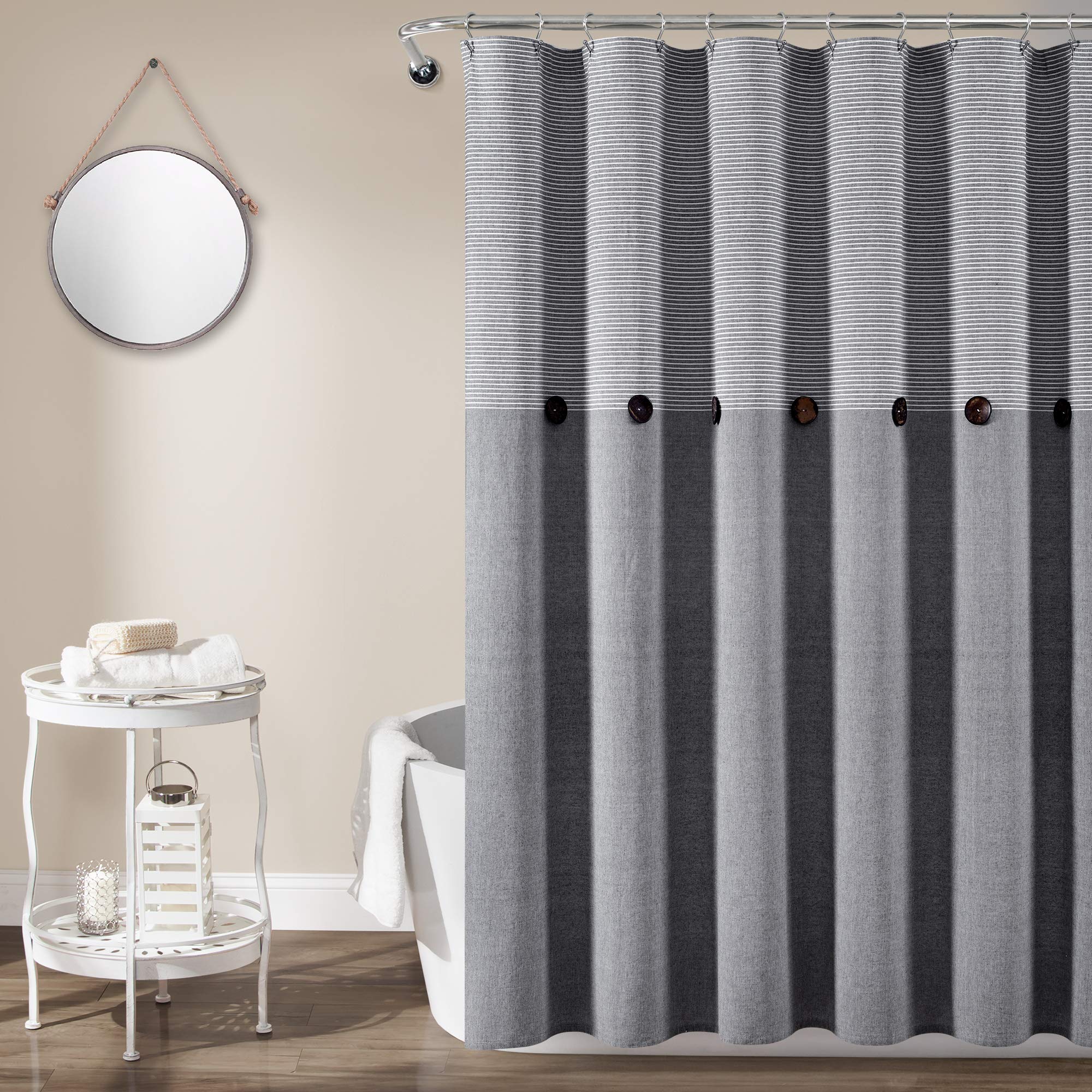 Lush Decor16T005473 Gray Linen Woven Cotton Shower Curtain, Farmhouse Button Stripe, Yarn Dyed (72" x 72")