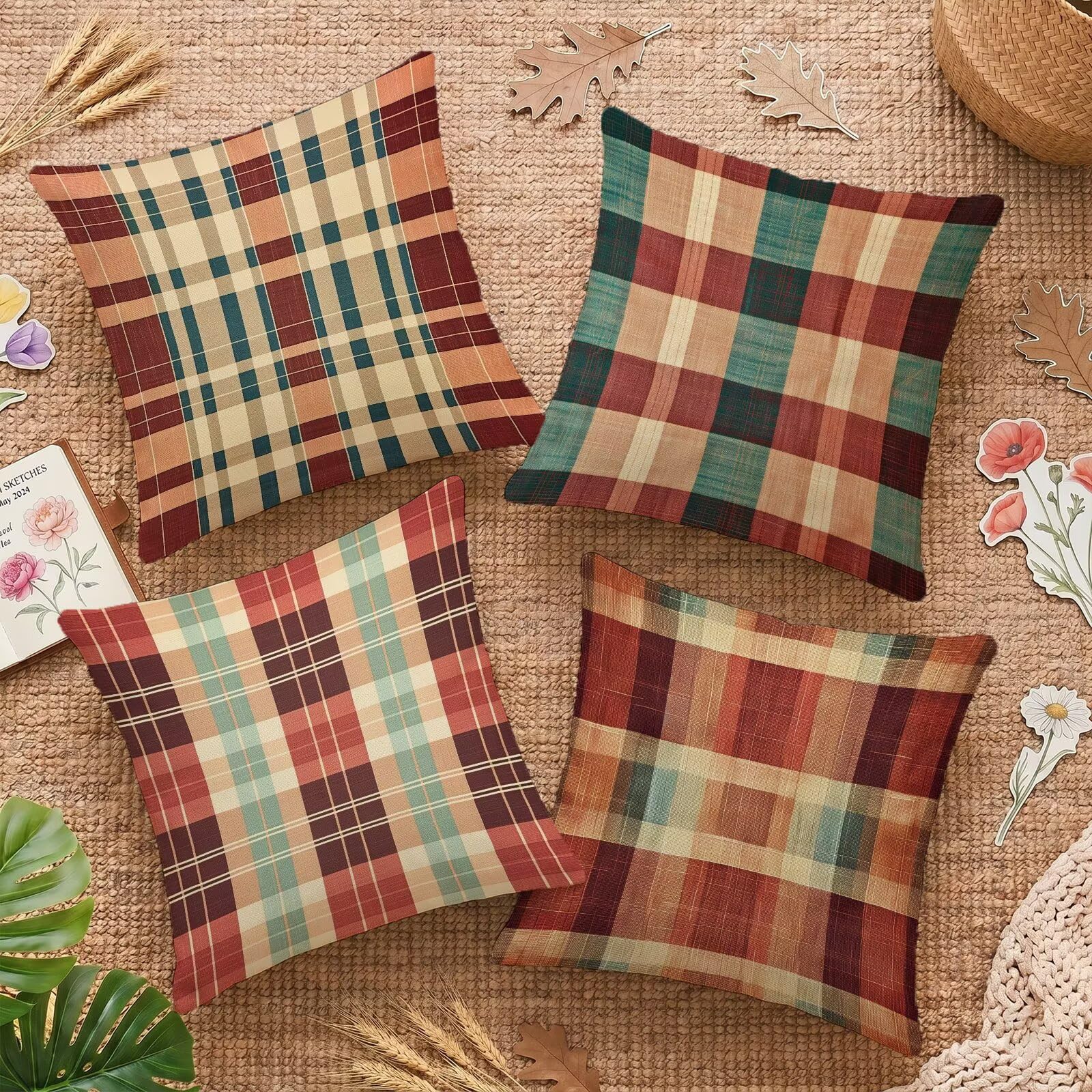 Housses de coussin 65x65 velours imperméable haut de gamme motif plaid géométrique