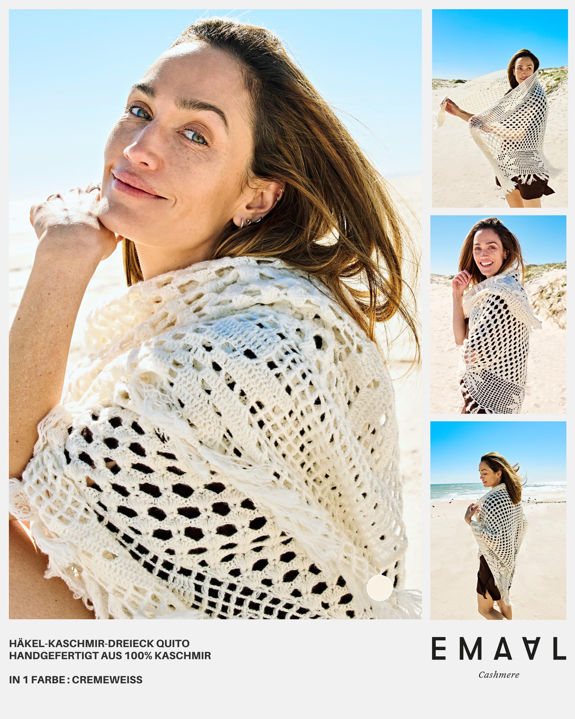 EMAAL 100% Kaschmir Dreieck Schal Quito, Weiss, Hand gehäkelt, 210x120x120cm, Damen/Herren, Design aus der Schweiz, als Geschenk, Stola, elegantes Accessoire, kuschelig, nachhaltig, langlebig