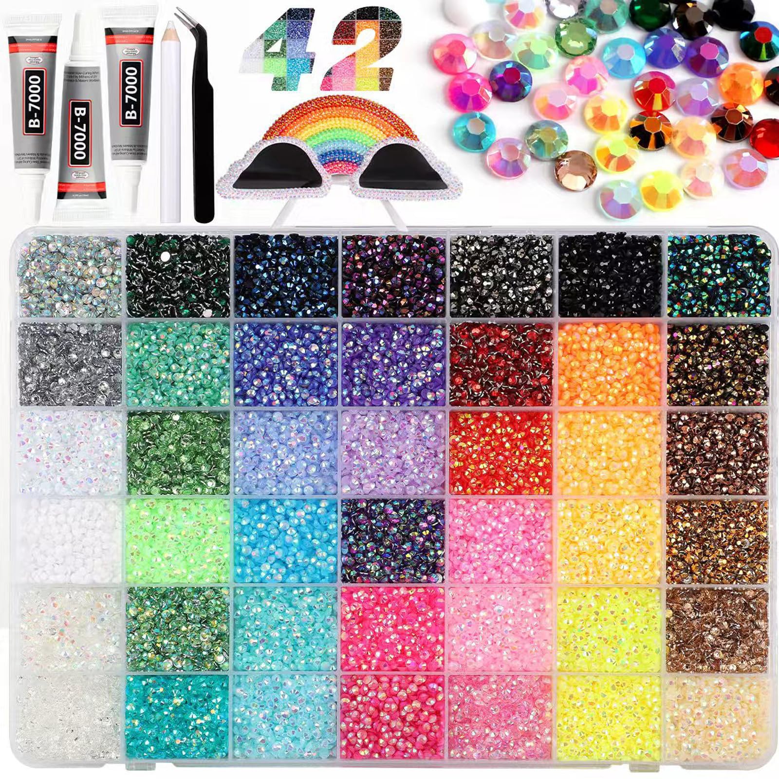Pluffy 42 Color 34000Pc 40 Colors Colorful Diy 32000Pcs Resin Rhinestone Bedazzling Kit With Glue And Pen，Bedazzle Kit，Flatback Gems Bedazzler Kit With 3Pcs 10Ml Jewelry Glue For Nail Makeup (42 Color 34000Pc)
