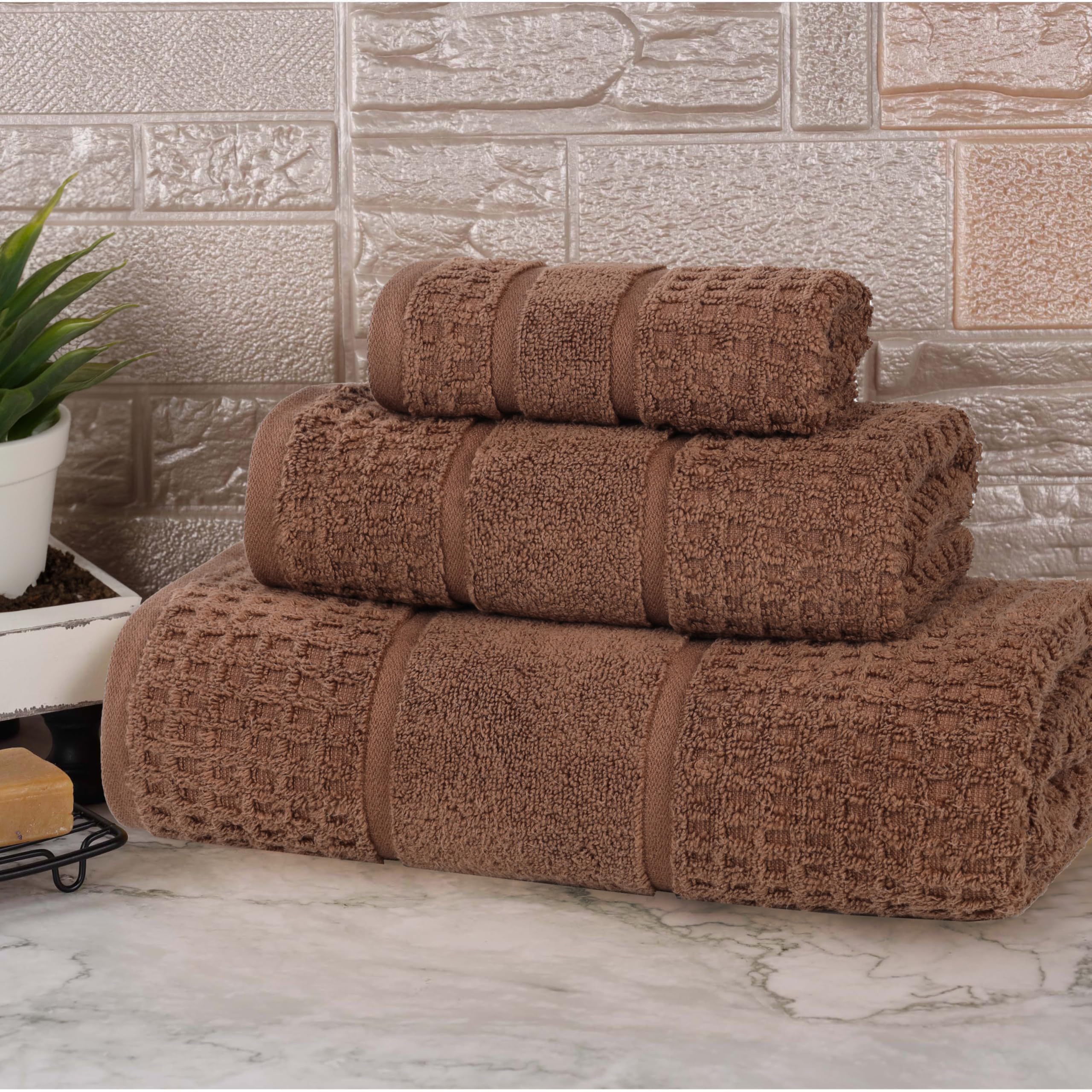 Superior Cotton 3-Piece Towel Set, Zero Twist, Waffle Border, Bathroom Essentials, Shower, Spa, Luxury Plush Soft Absorbent Towels, Includes 1 Bath, 1