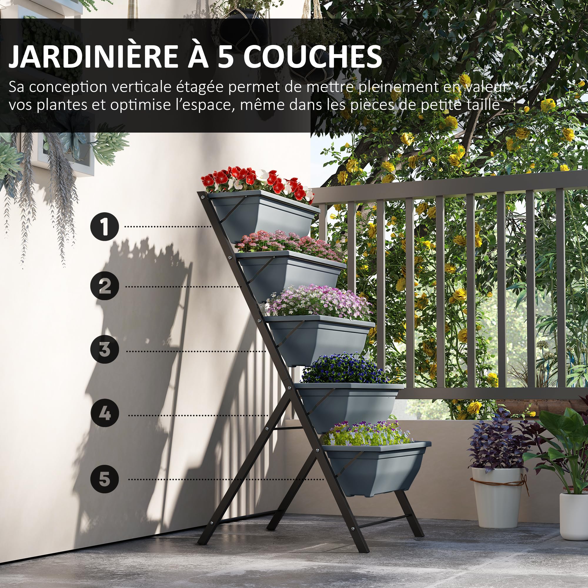 Outsunny Jardinière Surélevée avec Étages Verticale Cadre en Acier Gris | 5 Bacs à Fleurs, Trous de Drainage avec Bouchons en Caoutchouc, Escalier pour Plantes, Légumes, Herbes