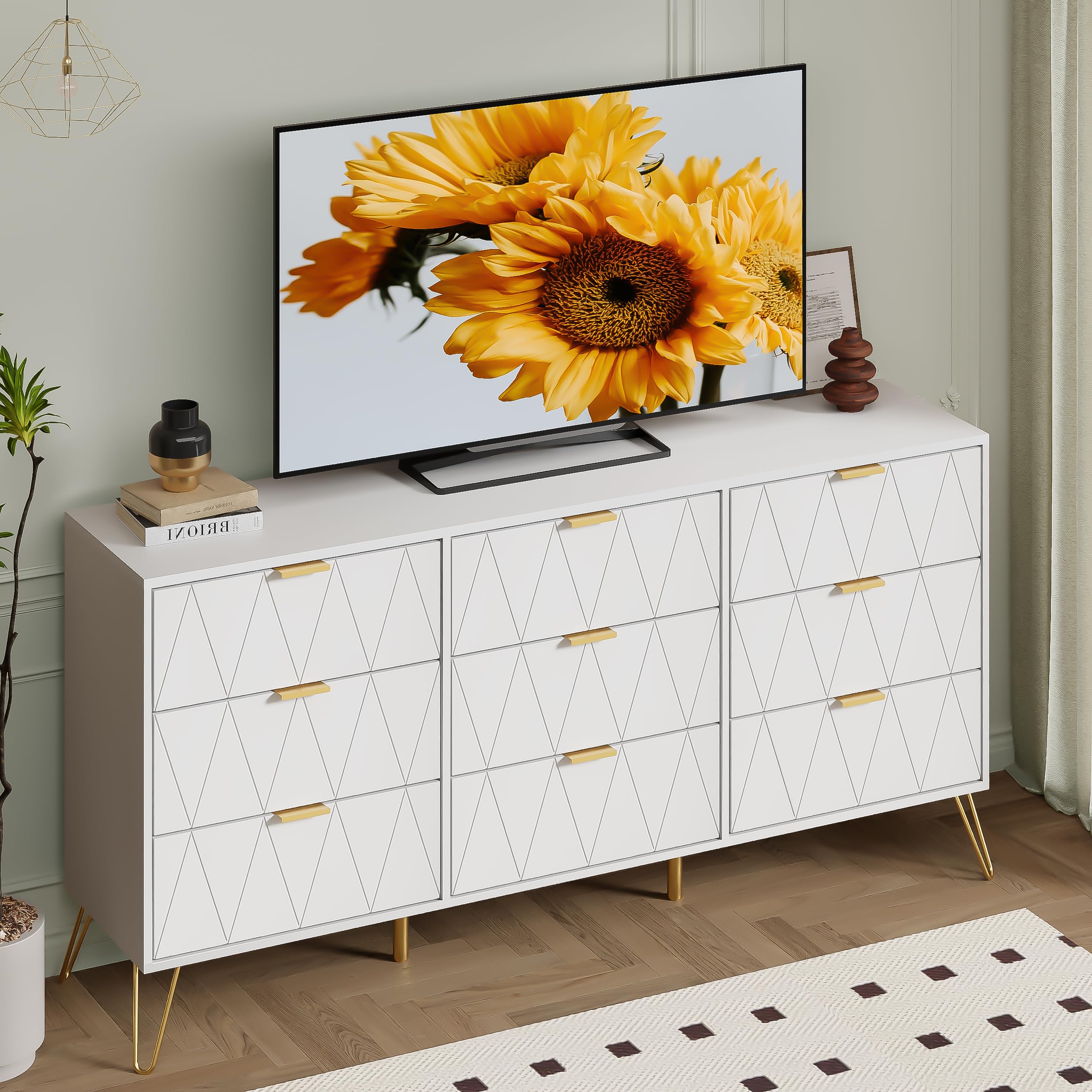 green emerald velvet dress 63" Contemporary 9-Drawer Champagne Bedroom Dresser for Storage in Gold-Wehomz   WEHOMZ