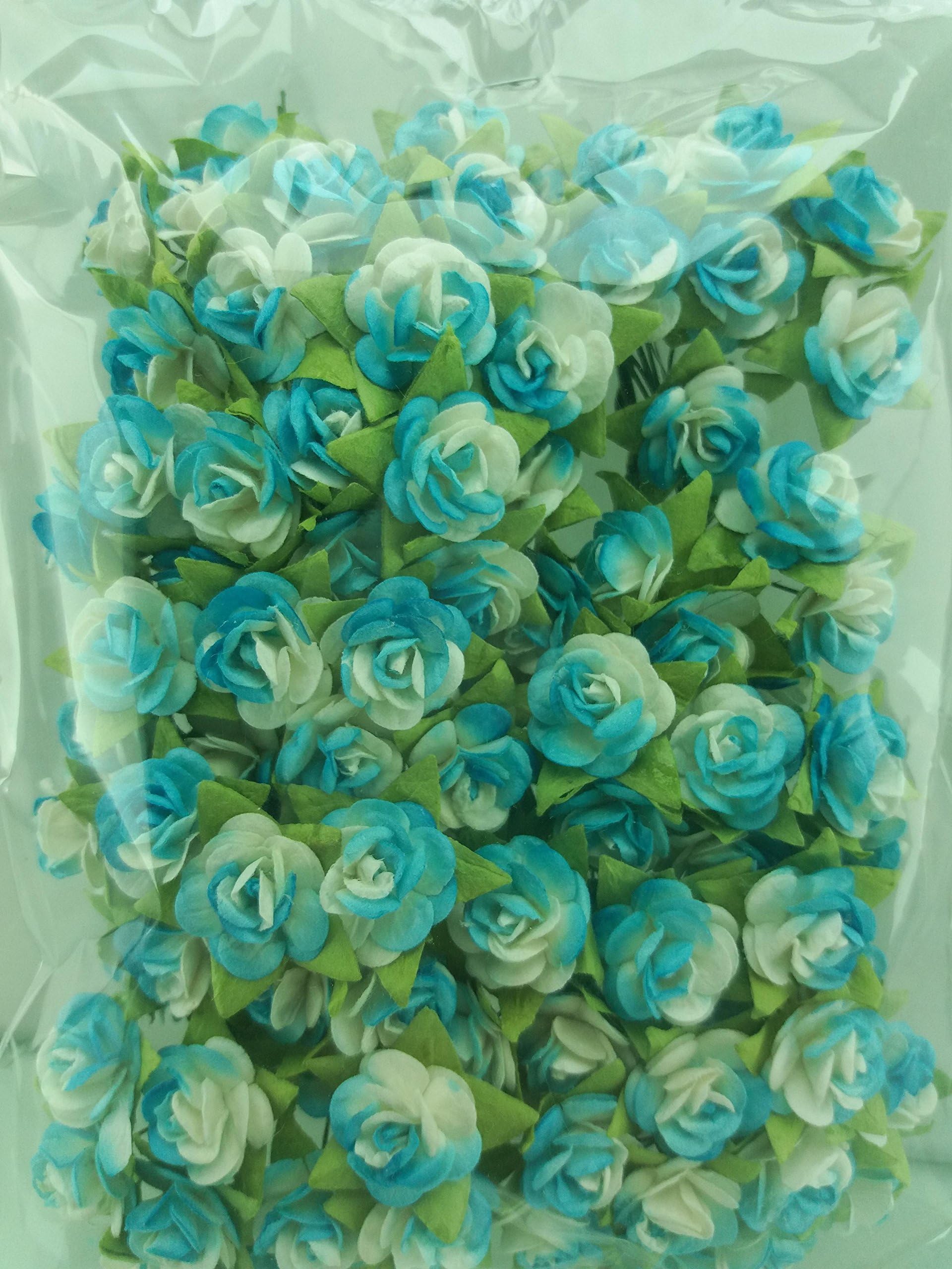 100 ฺLight blue & White Rose Mulberry Paper Flower Scrapbook Wedding Craft 1 cm