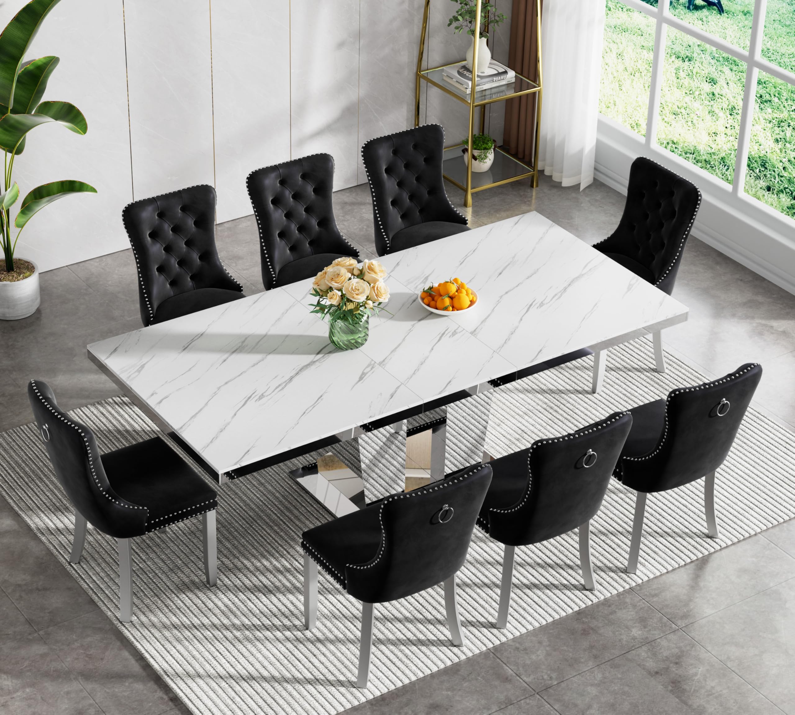 9-Piece Extendable Dining Table Set for 8, 63"-94" White Faux Marble Expandable Kitchen Table Set with 8 Black Velvet Chairs,Large Extendable Dining Room Tables with Mirrored Columnar Base