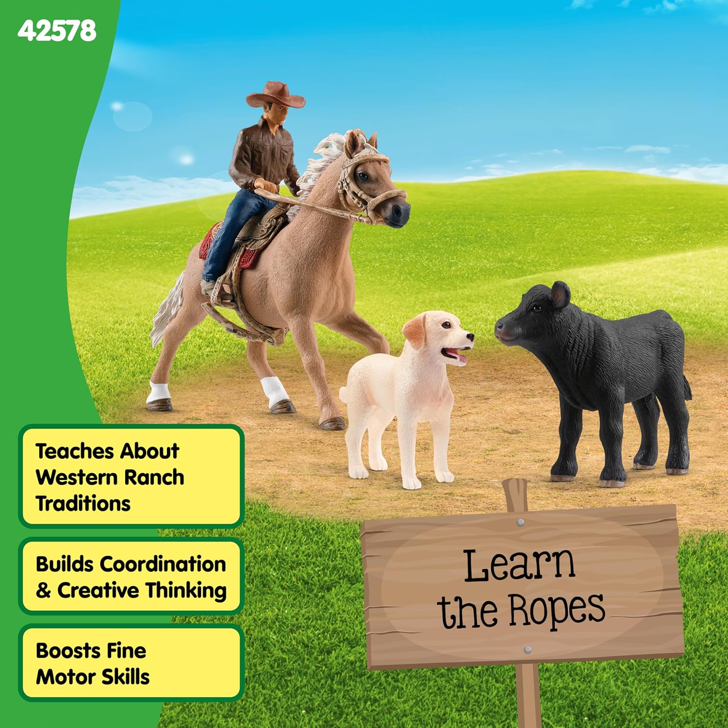 Schleich Farm World - 6PC Rodeo Calf Adventure Playset - Cowboy Rider Figurine with Horse Figure, Cow and Dog - Realistic Western Rodeo Farm Toys and Accessories - Kids and Toddlers Ages 3+ | 42578