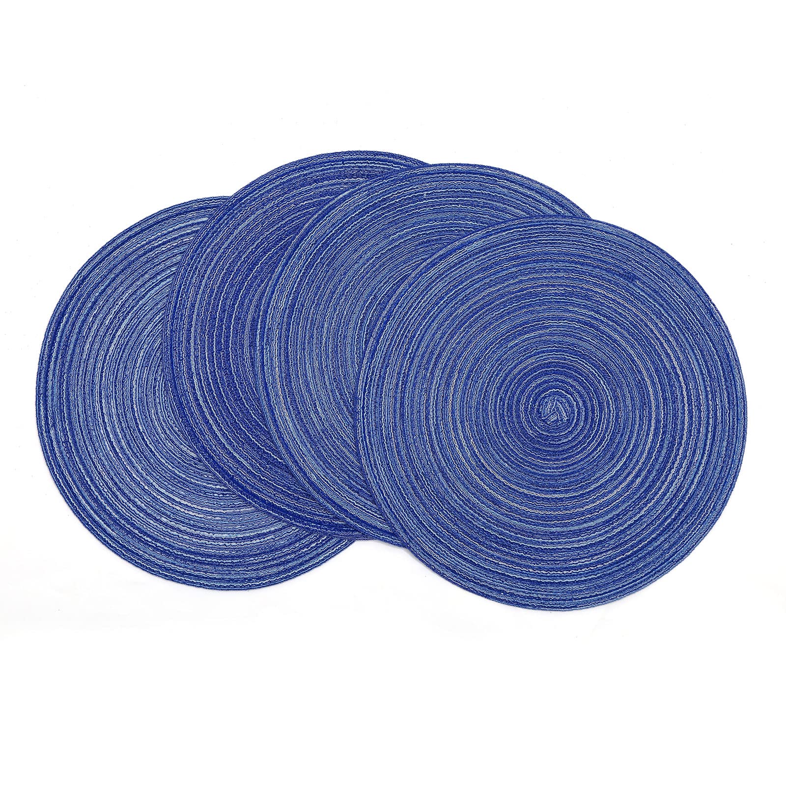 SHACOS Round Braided Placemats 15 inch Set of 4 Washable Cotton Polyester Braided Kitchen Table Placemats for Home Wedding Party (Blue White, 4)