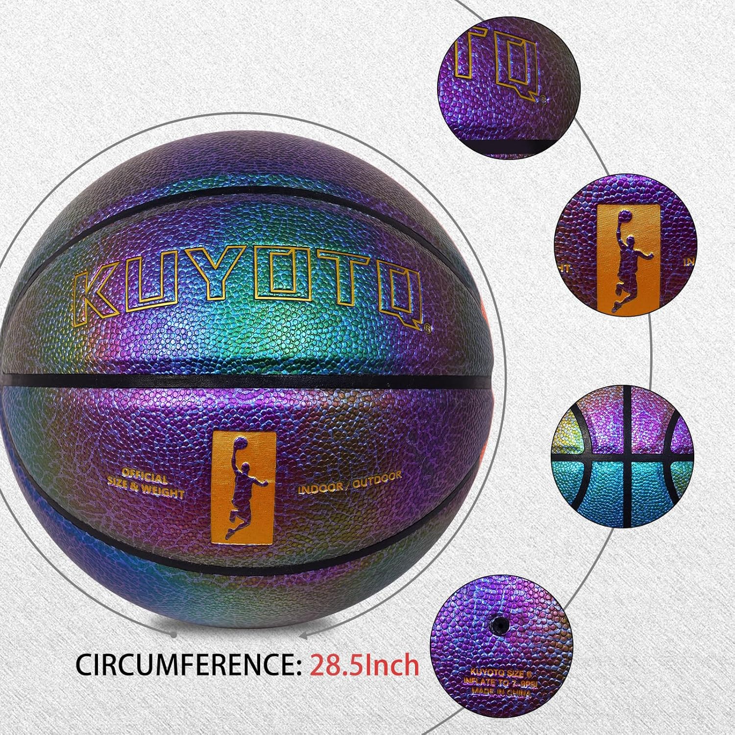 KUYOTQ Youth Women Basketball - Shiny Purple Leather, Size 6 (28.5"), Bright Color Dazzle Textured Basketball for Youth & Women, Deflated