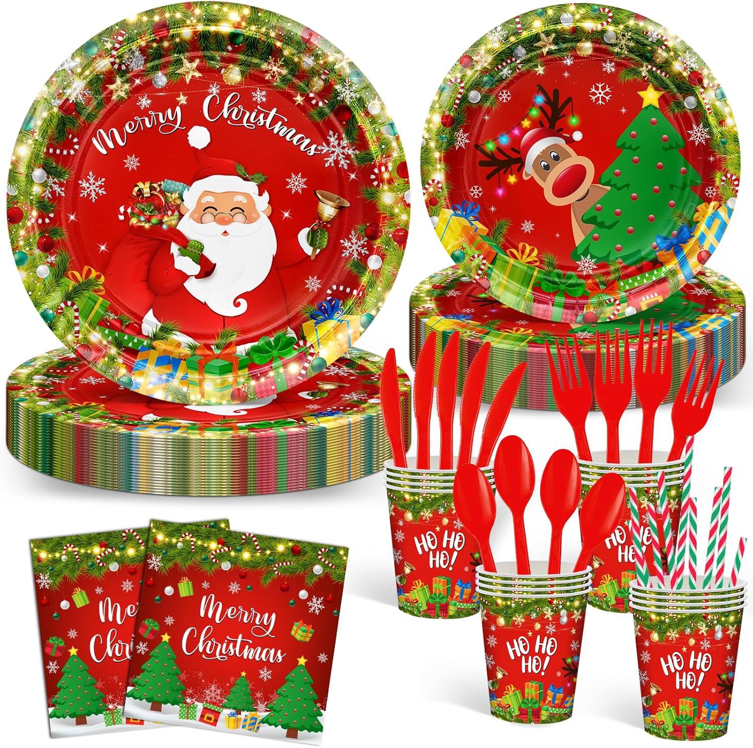 Avezano 192 Pcs Christmas Paper Plates and Napkins Merry Chirstmas Plates Disposable Party Set Hoho Santa Claus Christmas Holiday Theme Party Decor for 24 Guests