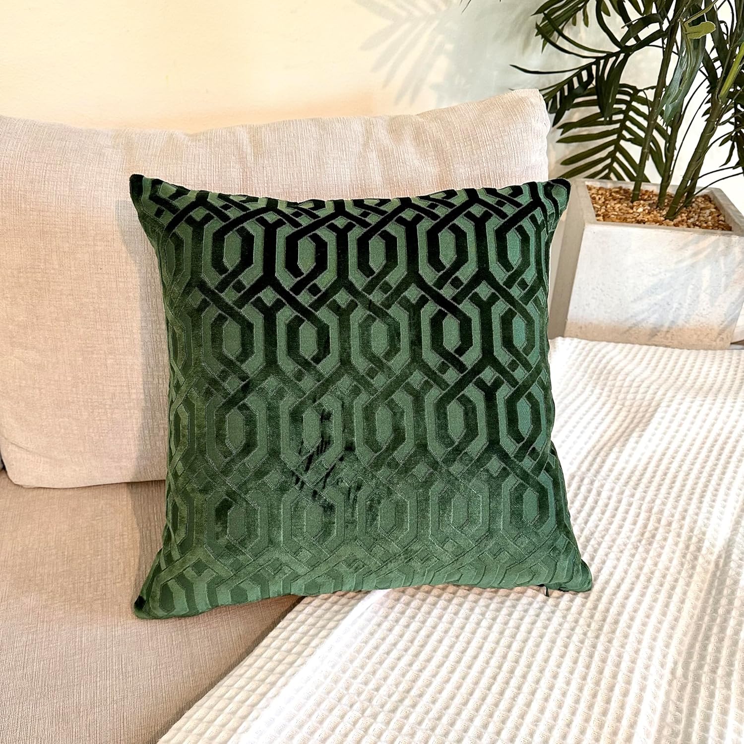 Throw Pillow Cover, 18" x 18" Modern Green Geometric, Embroidery Cut, Velvet Luxury Contemporary Pillow Cover, for Couch, Sofa, Living Room, Bedroom (Insert NOT Included) 18" x 18" (Pack of 1) Green