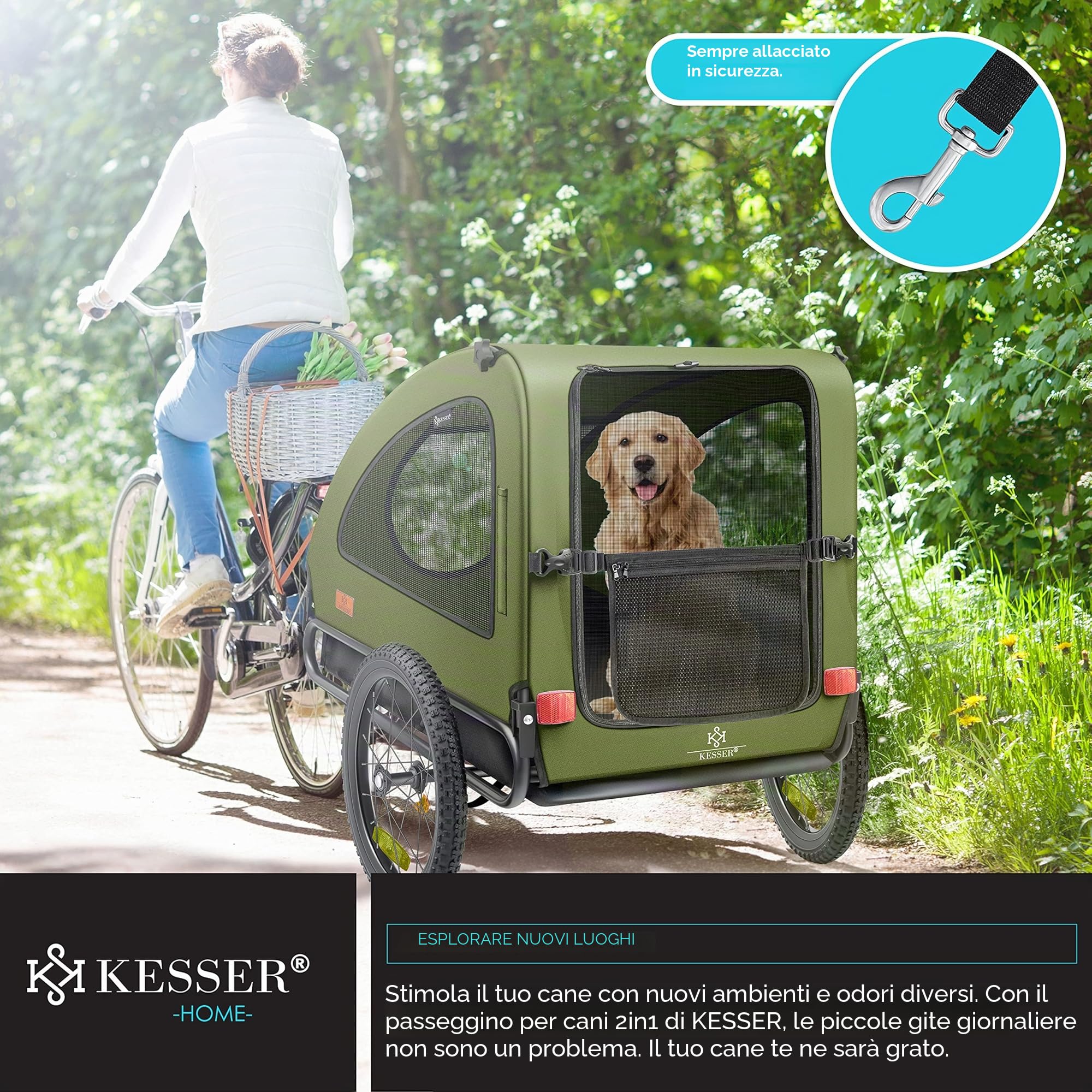 KESSER® Rimorchio per Cani 2in1, Carrello per Bicicletta, 250L circa di Volume, incl. Bandierina e Borsa, Pieghevole, SmartSpace Concept, Massima Capacità di Carico - 45 kg