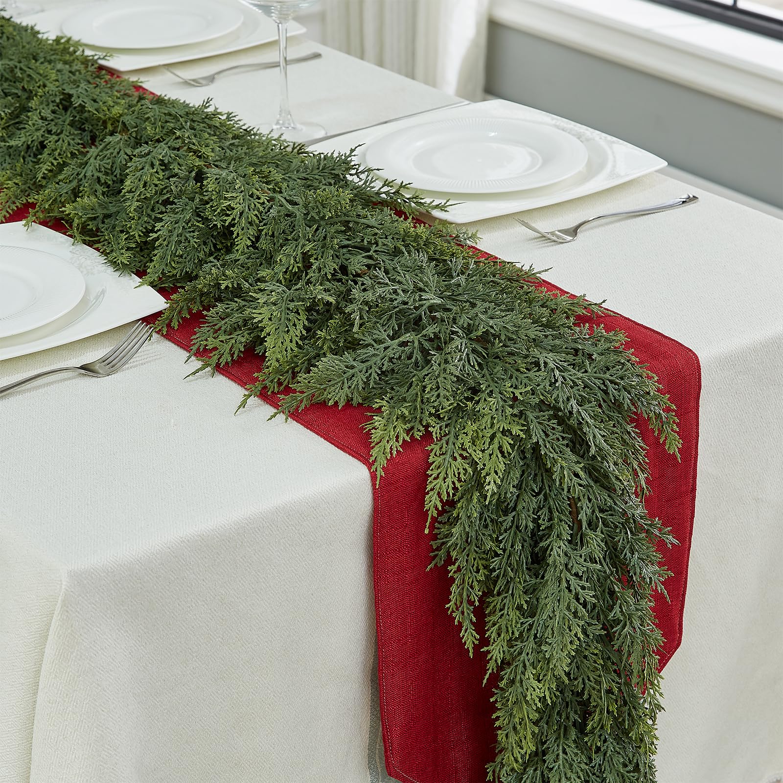 6FT Christmas Cedar Garland, Real Touch Faux Greenery Garland with 550 Branch Tips, Lush Artificial Cypress Pine Garland for Mantel, Staircase, Doorway