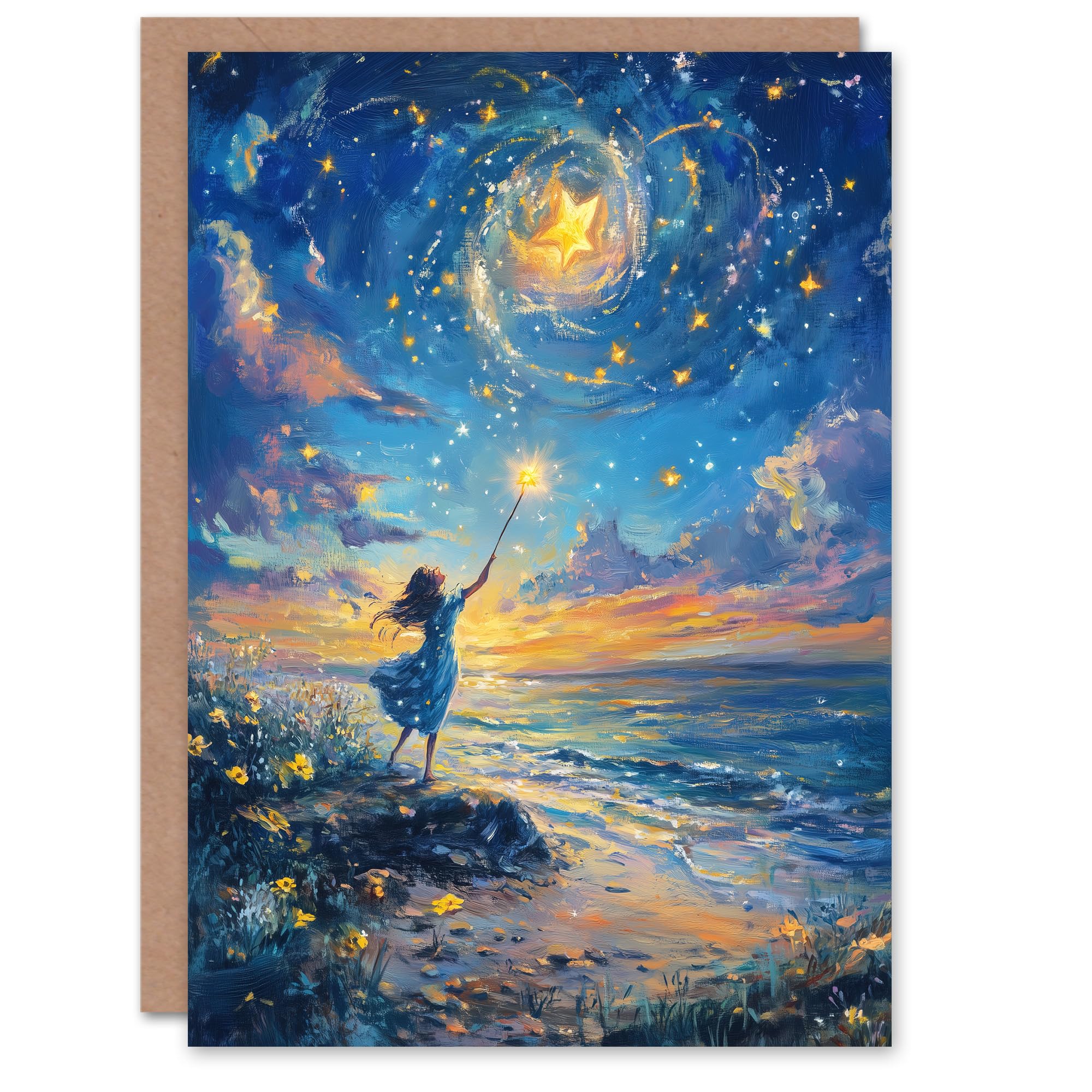 Artery8 Greeting Card Wish Upon A Star Magical Sky Beach Fantasy Art For Child Kids Birthday Card