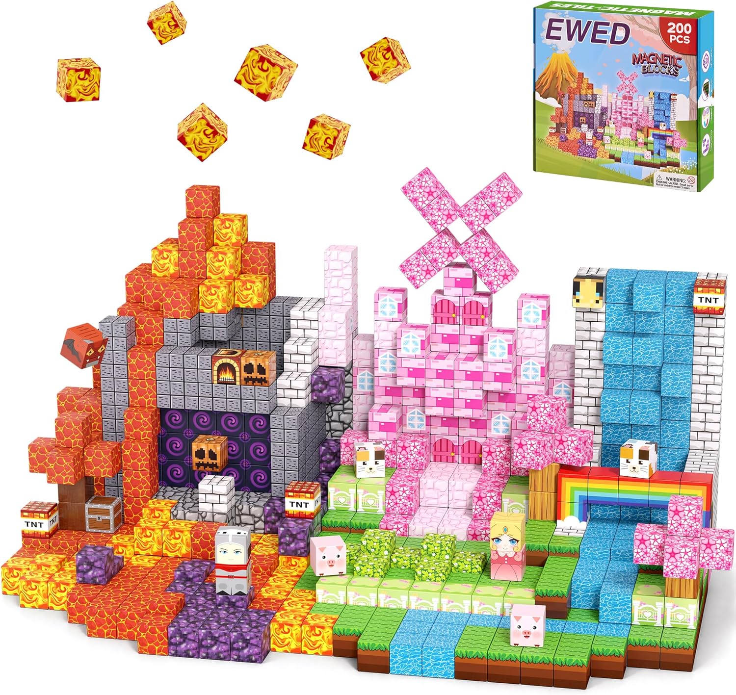 200PCS Magnetic Blocks - Easter Toys for Kids, Magnetic Building Blocks Cubes Tiles, Stacking Magnets School STEM Game Toys Gift for Toddlers Boys Girls Ages 3+ Birthday Party Supplies - Pink Forest