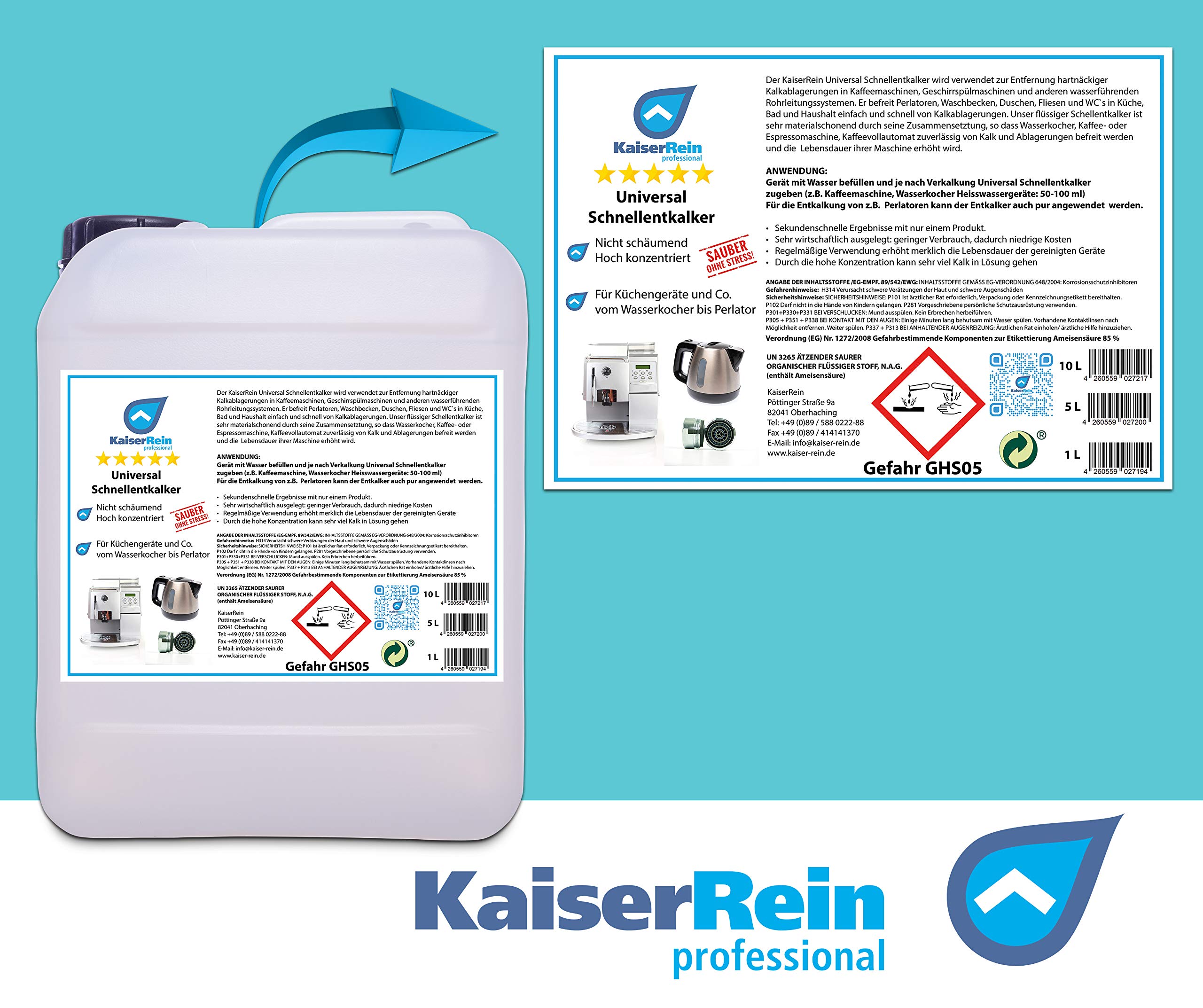 KaiserRein Universal Schnellentkalker im 5L Kanister (Inh.5,5kg) Entlalker Kalklöser extra stark z.B. für Kaffeemaschine, Wasserkocher, Heisswassergeräte, Perlatoren usw.