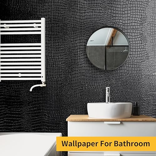 Miniatura 3 de Papel tapiz negro para despegar y pegar, 15.7 x 197 pulgadas, papel tapiz de cocodrilo en relieve, fácil de despegar, autoadhesivo, papel de