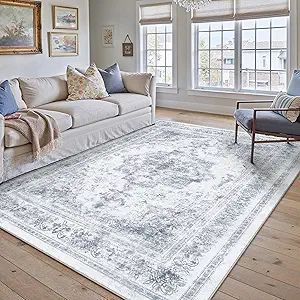 Washable Rug 6x9 Area Rug for Living Room Blue Vintage Boho Medallion Large Distressed Retro Carpet Non Slip Indoor Low Pile Small Soft Bedroom Dining Room Home Office