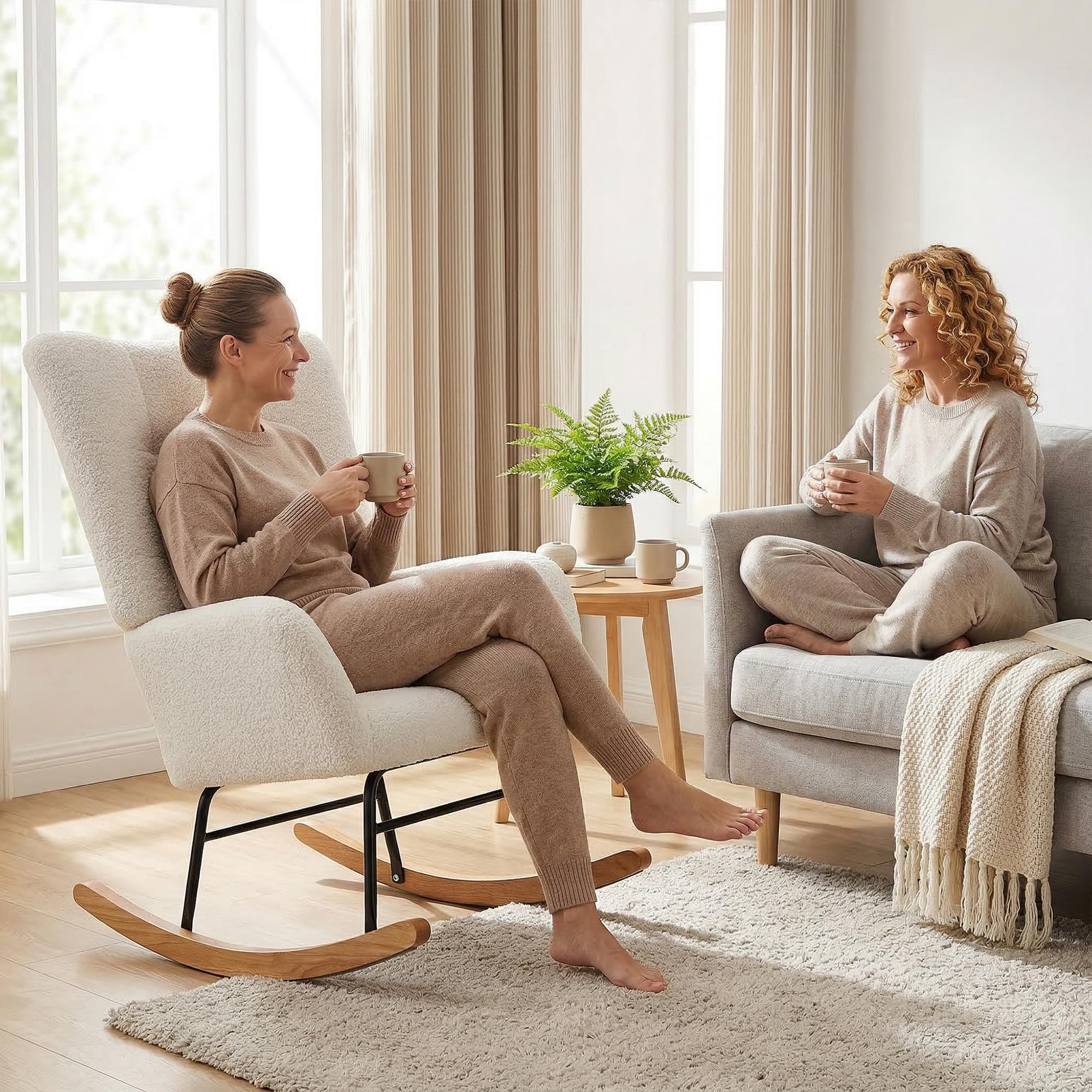 HOMCOM Sedia a Dondolo, Poltrona in Velluto Teddy, Sedia Relax con Gambe in Legno, Dondolo per Camera da Letto e Soggiorno, Bianco Crema