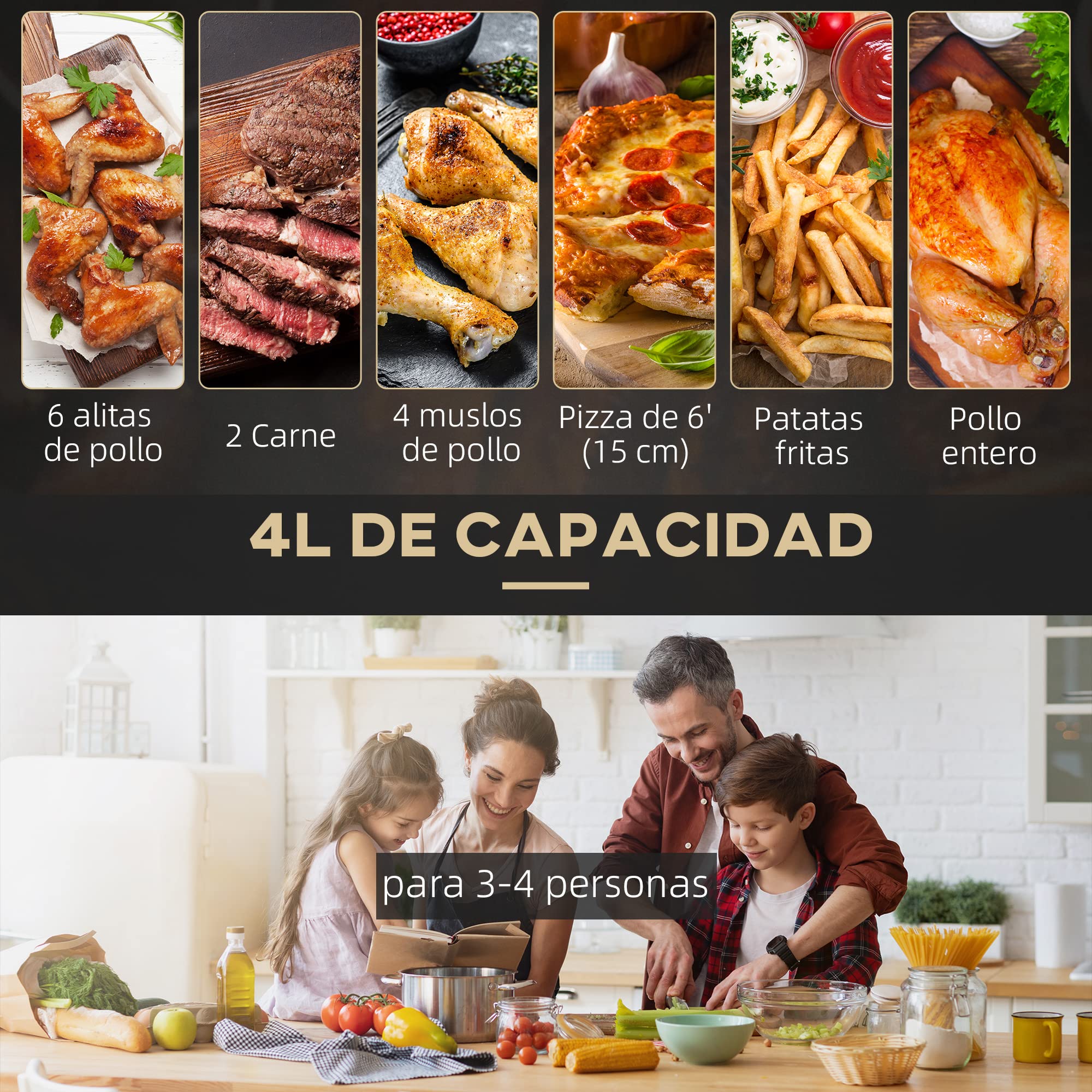 HOMCOM Freidora sin Aceite 4L Freidora de Aire Caliente 1300W con 12 Programas Pantalla LED Táctil Temperatura Ajustable Temporizador y Cesta Antiadherente Negro