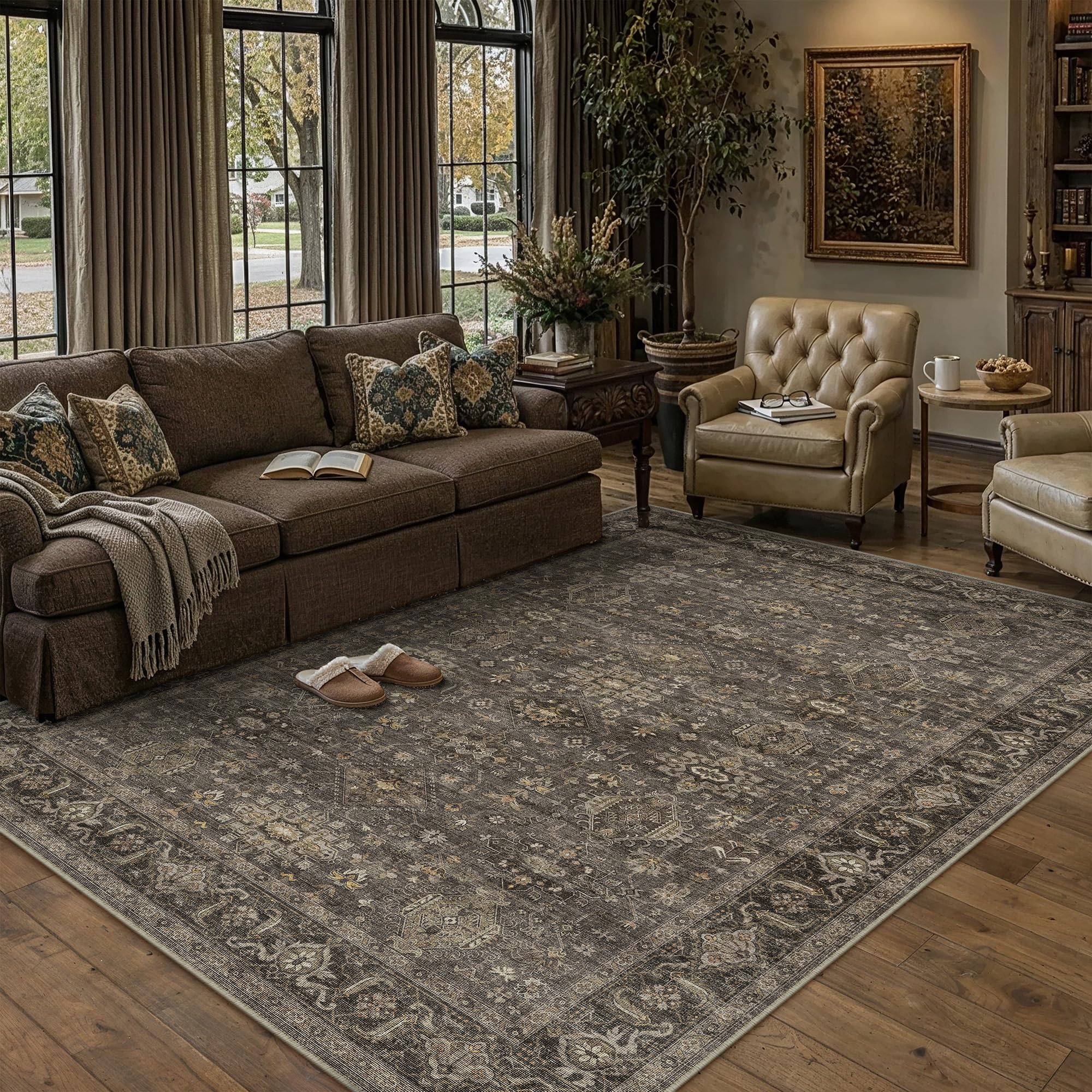 PureCozy Vintage Teppich Wohnzimmer 160x230cm Braun Schlafzimmer Wohnzimmerteppich Waschbarer Carpet Weich rutschfest Teppiche Esszimmer Büro Kurzflor Groß Tepich Carpets Rug