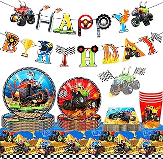 46 PCS Monster Trucks Birthday Decoration Monster Trucks Party Supplies Monster Trucks Party Plates and Napkins Monster Trucks Tablecloth Monster Trucks Birthday Banner