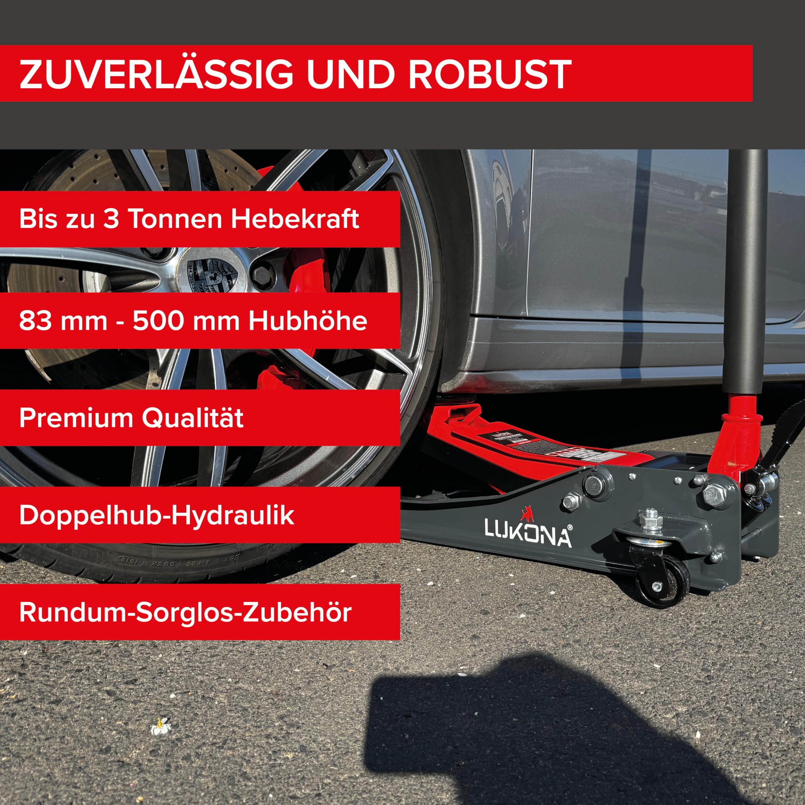Hydrauliczny podnośnik samochodowy 3T (83-500 mm) – podwójny skok, nożny, uchwyt D, półka, w zestawie gumowe nakładki, sztyft do opon, ochraniacze na kolana i rękawiczki – podnośnik