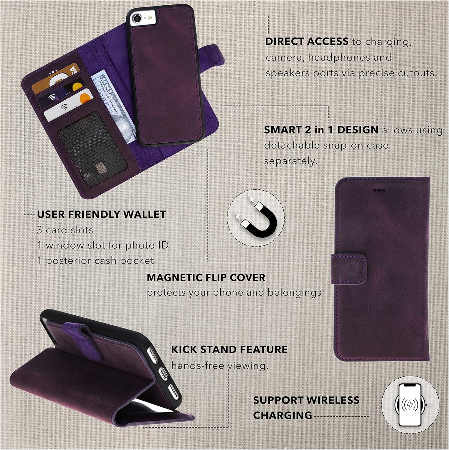 HARDISTON Genuine Leather Handmade Wallet Case Compatible with iPhone XR - Detachable Strong Magnetic Flip Cover with Card Holders - Horizontal Kickstand Edges (Purple)