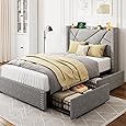 Feonase Upholstered Storage Bed Frame Twin Size with 4 Drawers, Platform Bed with Charging Station & Wingback Headboard, Solid Wood Slats Support, Light Gray