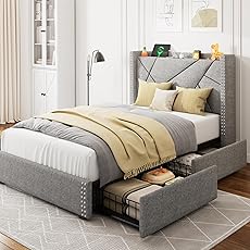 Feonase Upholstered Storage Bed Frame Twin Size with 4 Drawers, Platform Bed with Charging Station & Wingback Headboard, Solid Wood Slats Support, Light Gray