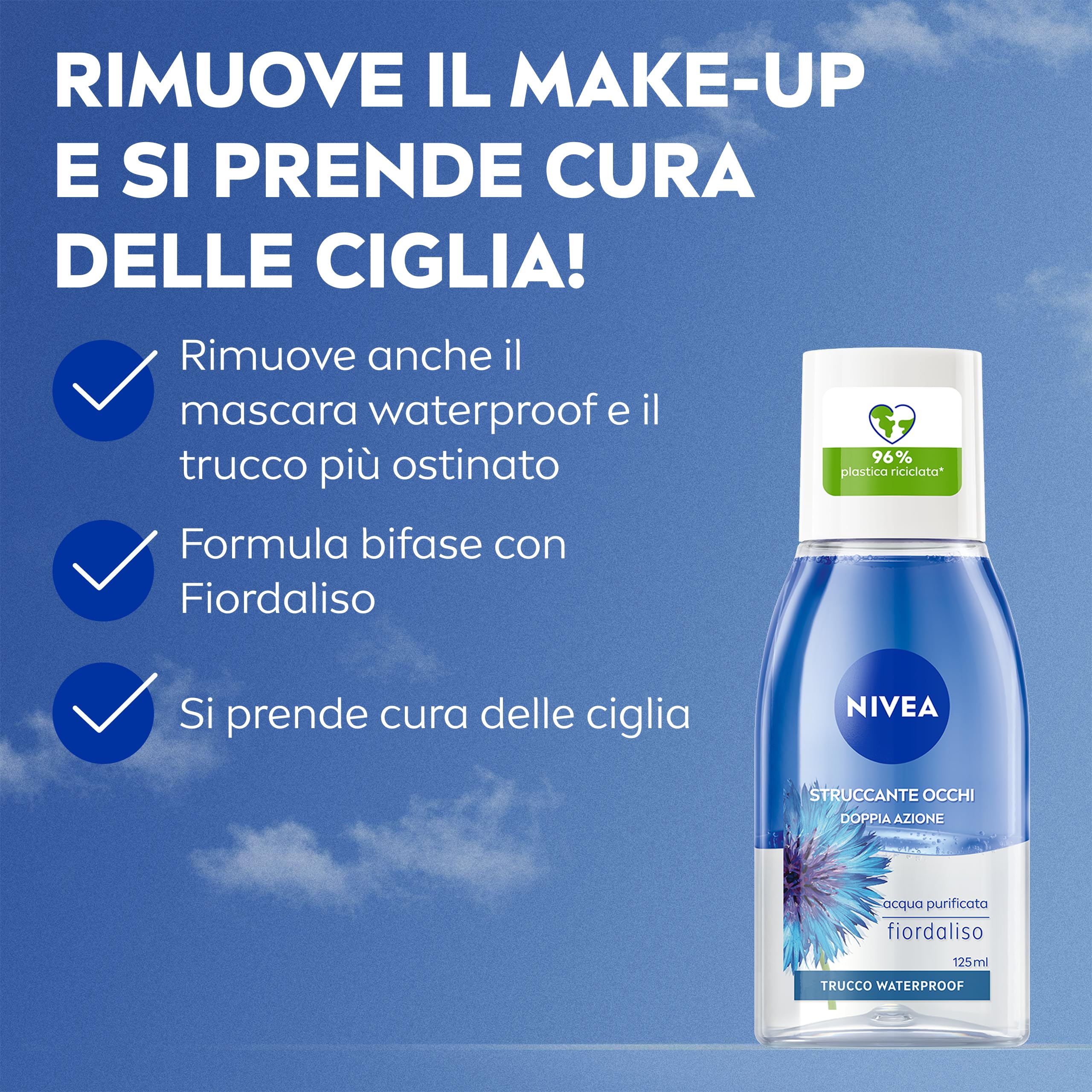 NIVEA Struccante Occhi Doppia Azione 6 x 125 ml, Struccante occhi waterproof bifasico, Detergente struccante con Fiordaliso, Rimuove mascara e make-up, Protegge le ciglia, Tutti i tipi di pelle