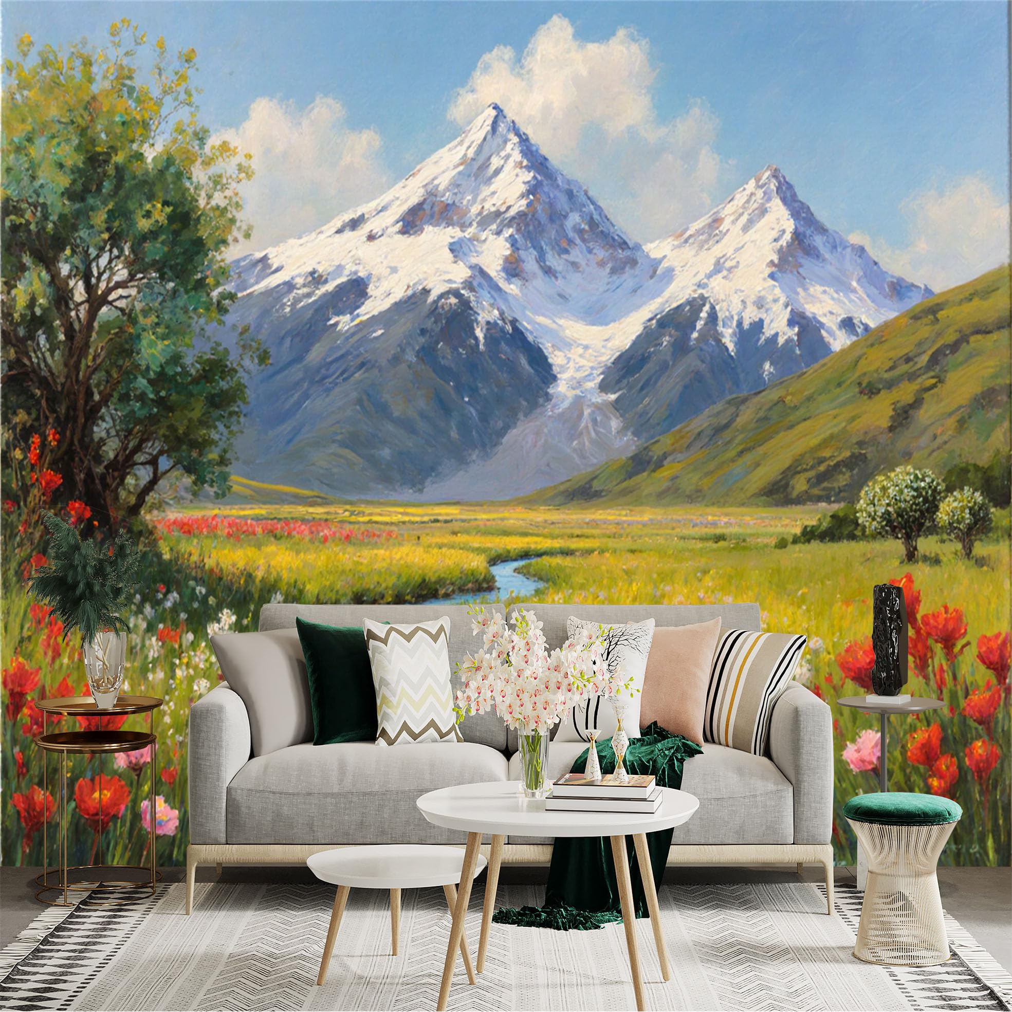 Custom Size Wall Sticker Mural， Snow Capped Mountains and Flowing Stream， Colorful Wildflower Meadow， Peaceful Nature Landscape Art， for wall Decoration， peelandstick wall Decals.